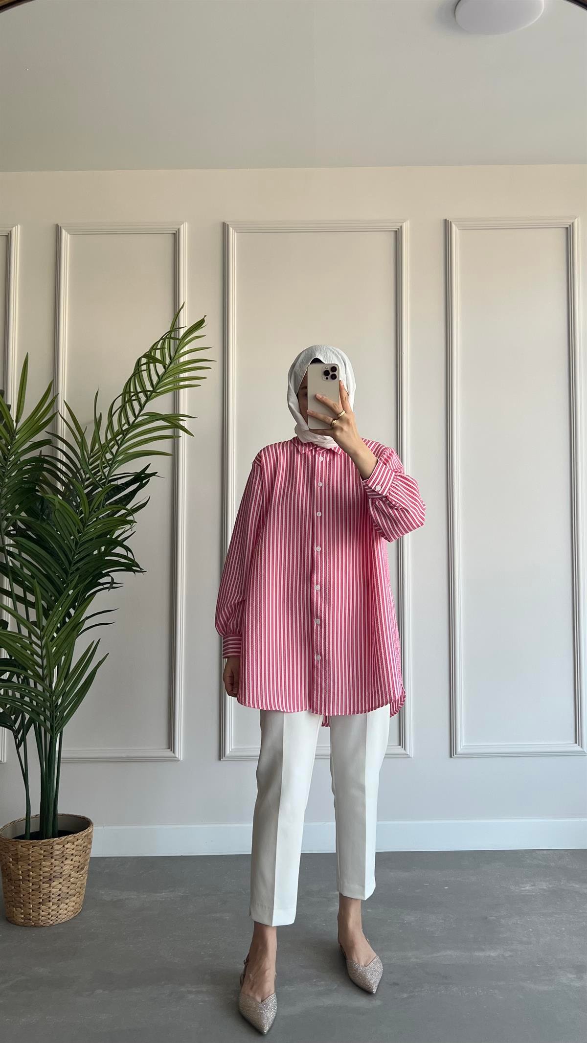 Oversize Çizgili Gofre Gömlek 