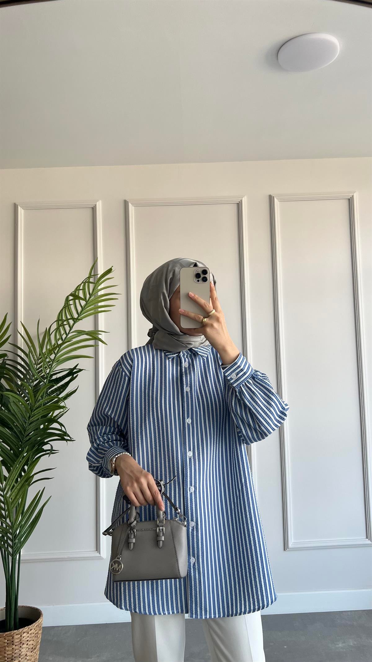 Oversize Çizgili Gofre Gömlek 