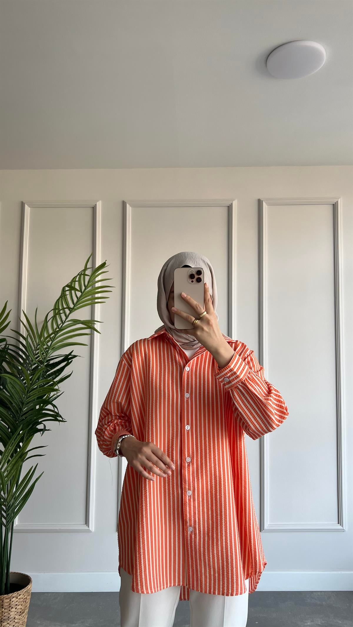 Oversize Çizgili Gofre Gömlek 