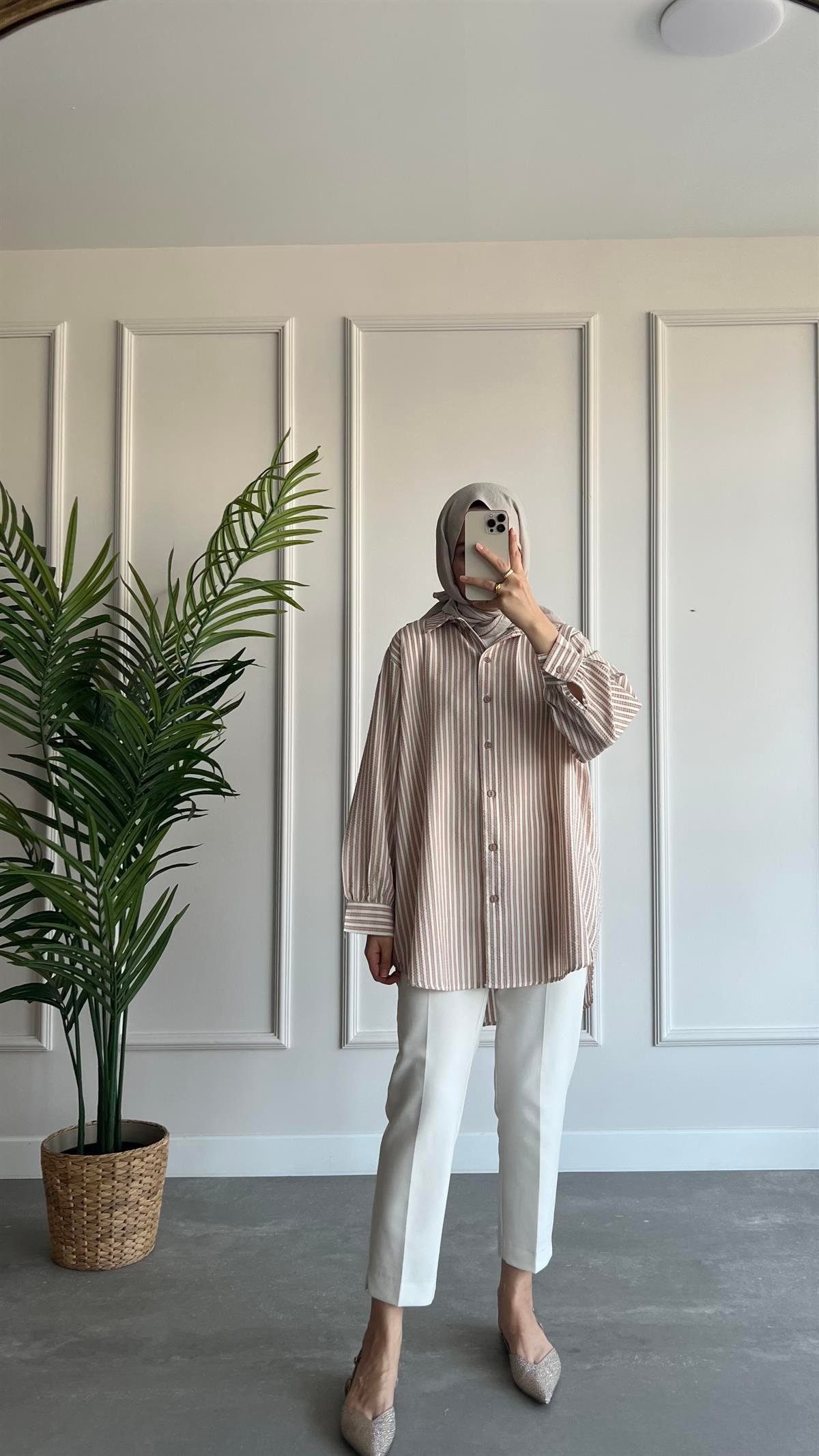 Oversize Çizgili Gofre Gömlek 