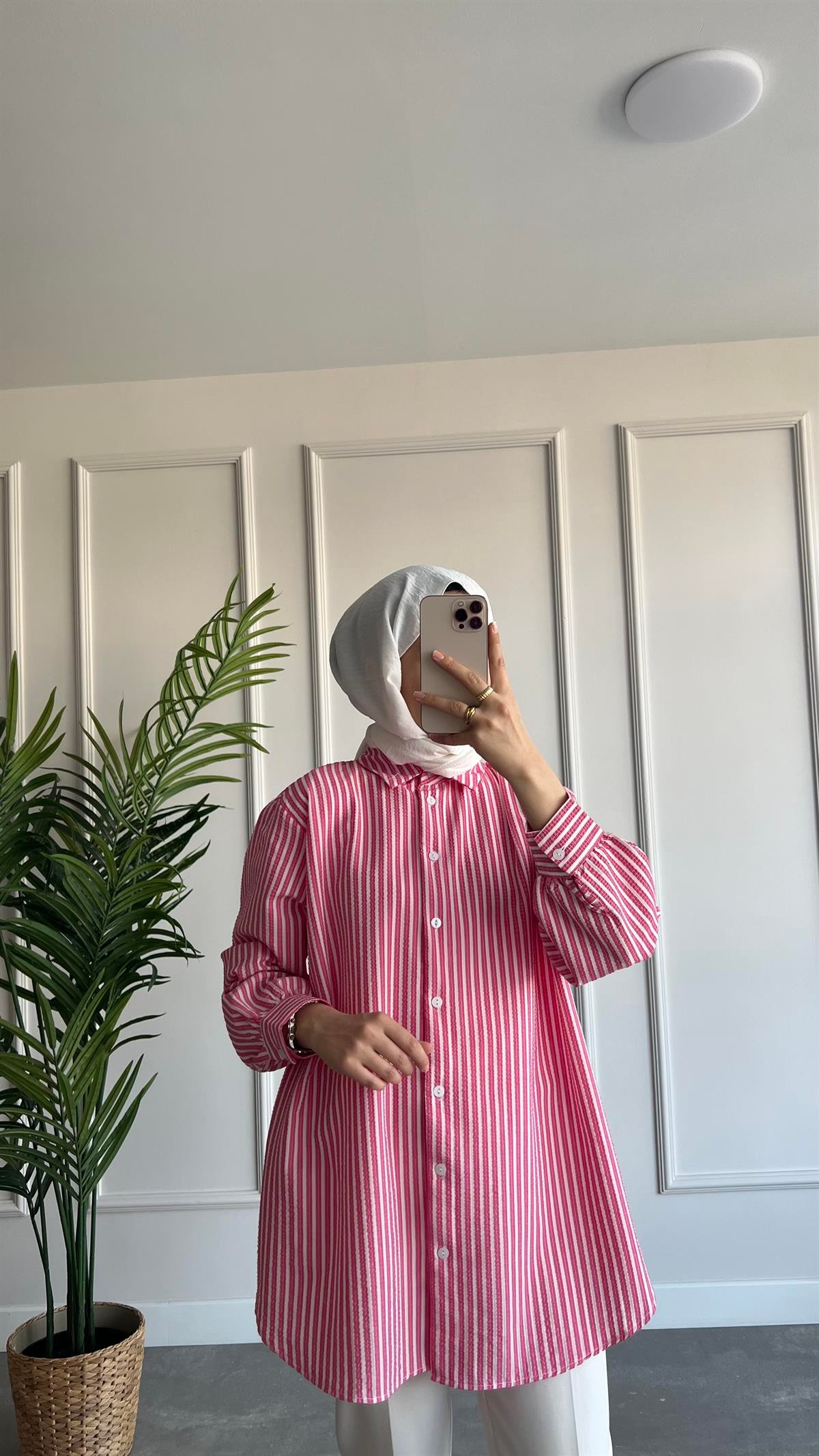 Oversize Çizgili Gofre Gömlek 
