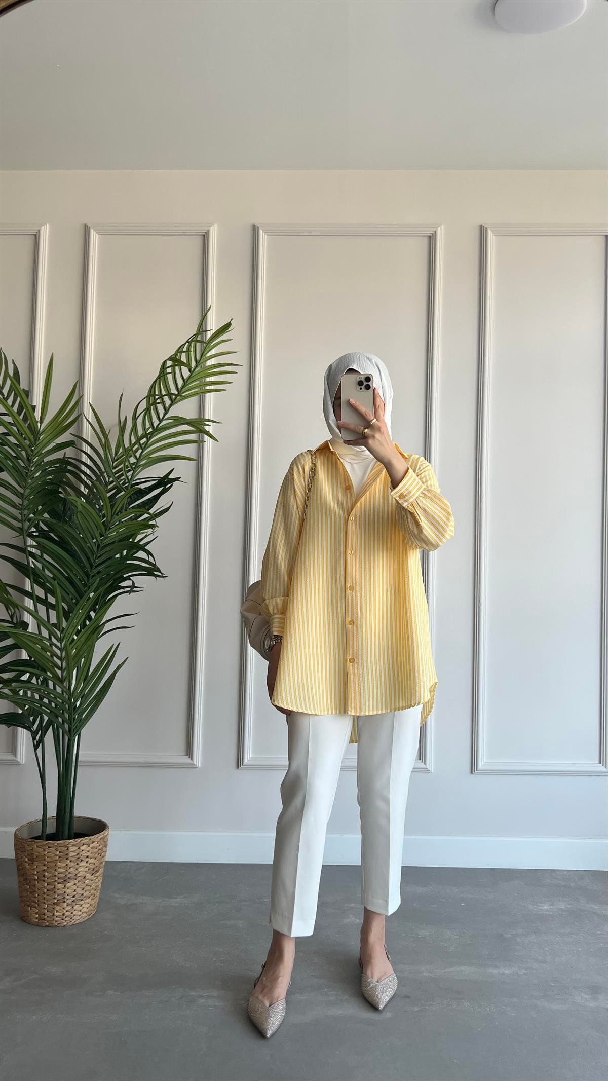Oversize Çizgili Gofre Gömlek 