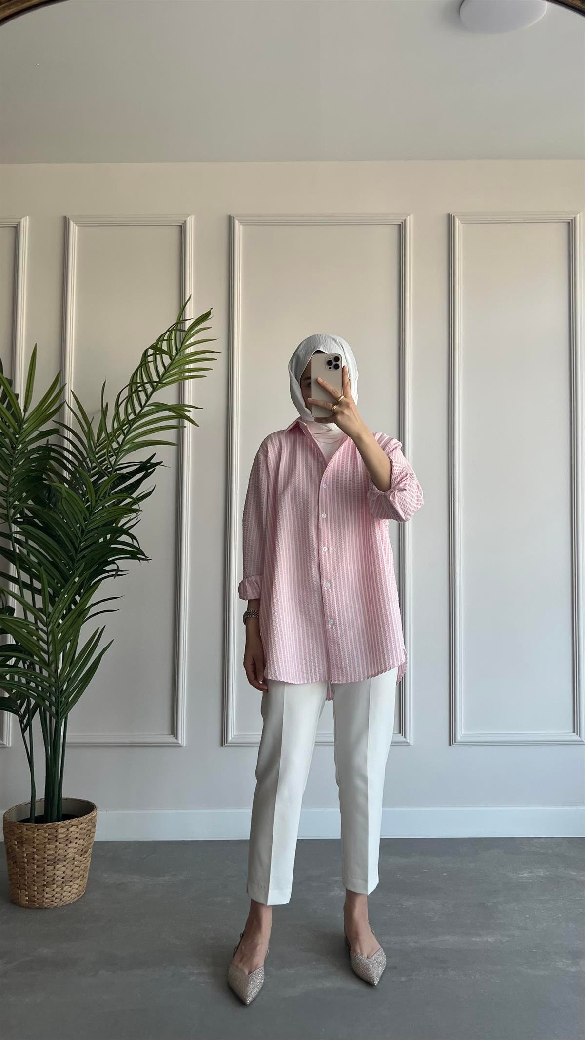 Oversize Çizgili Gofre Gömlek 