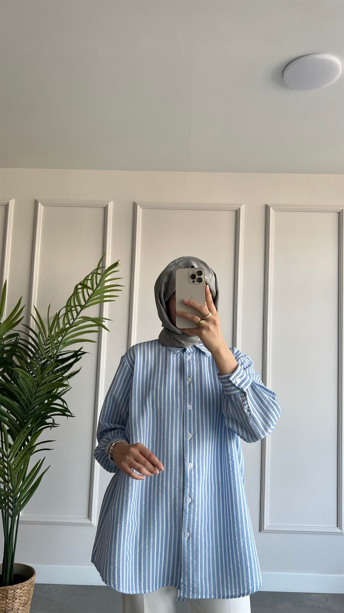 Oversize Çizgili Gofre Gömlek 