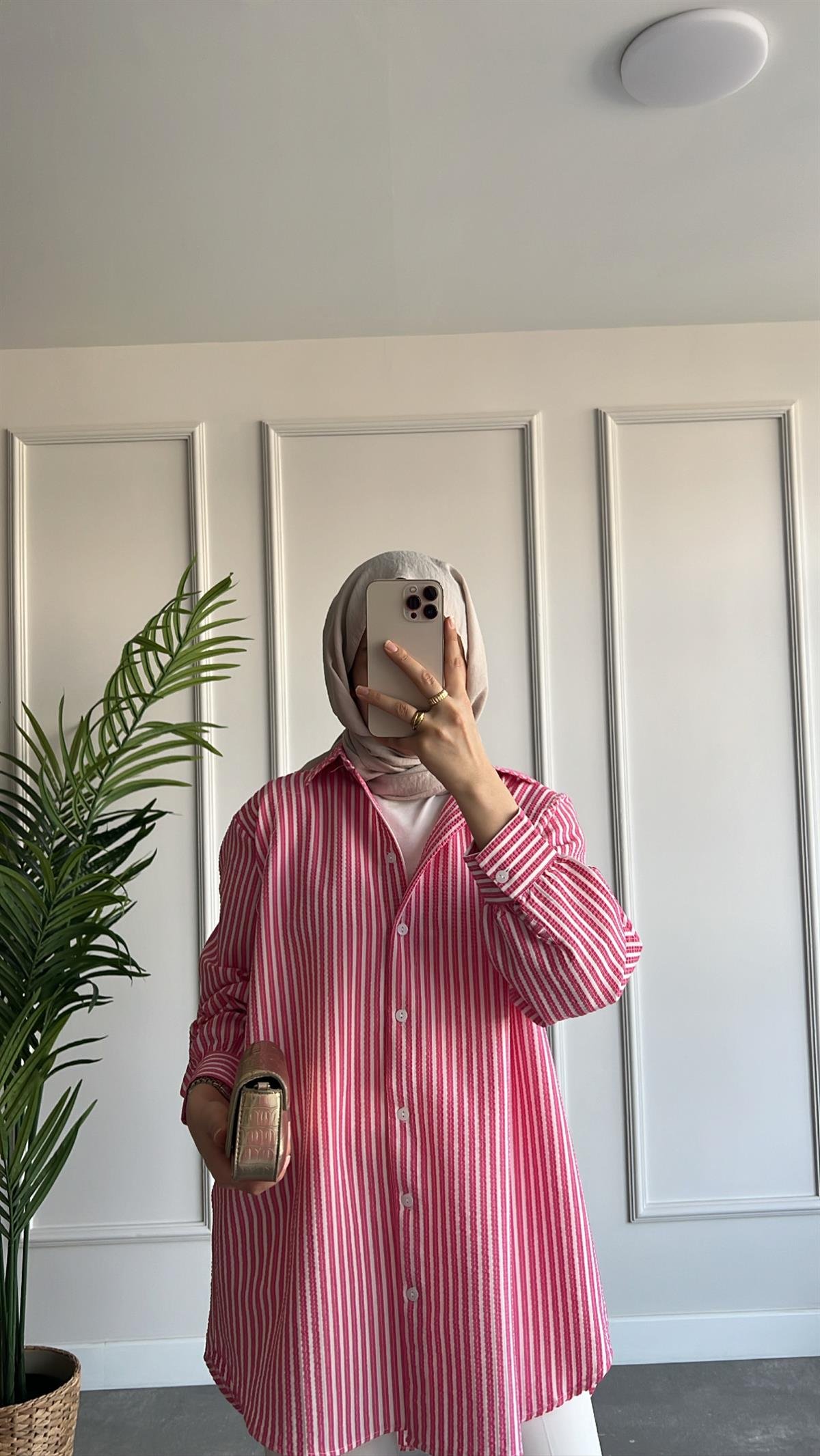 Oversize Çizgili Gofre Gömlek 