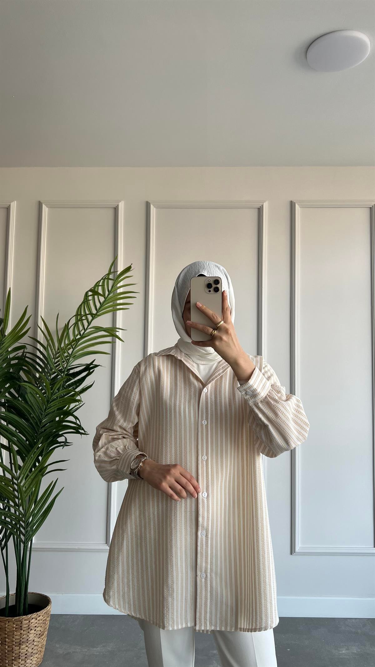 Oversize Çizgili Gofre Gömlek 