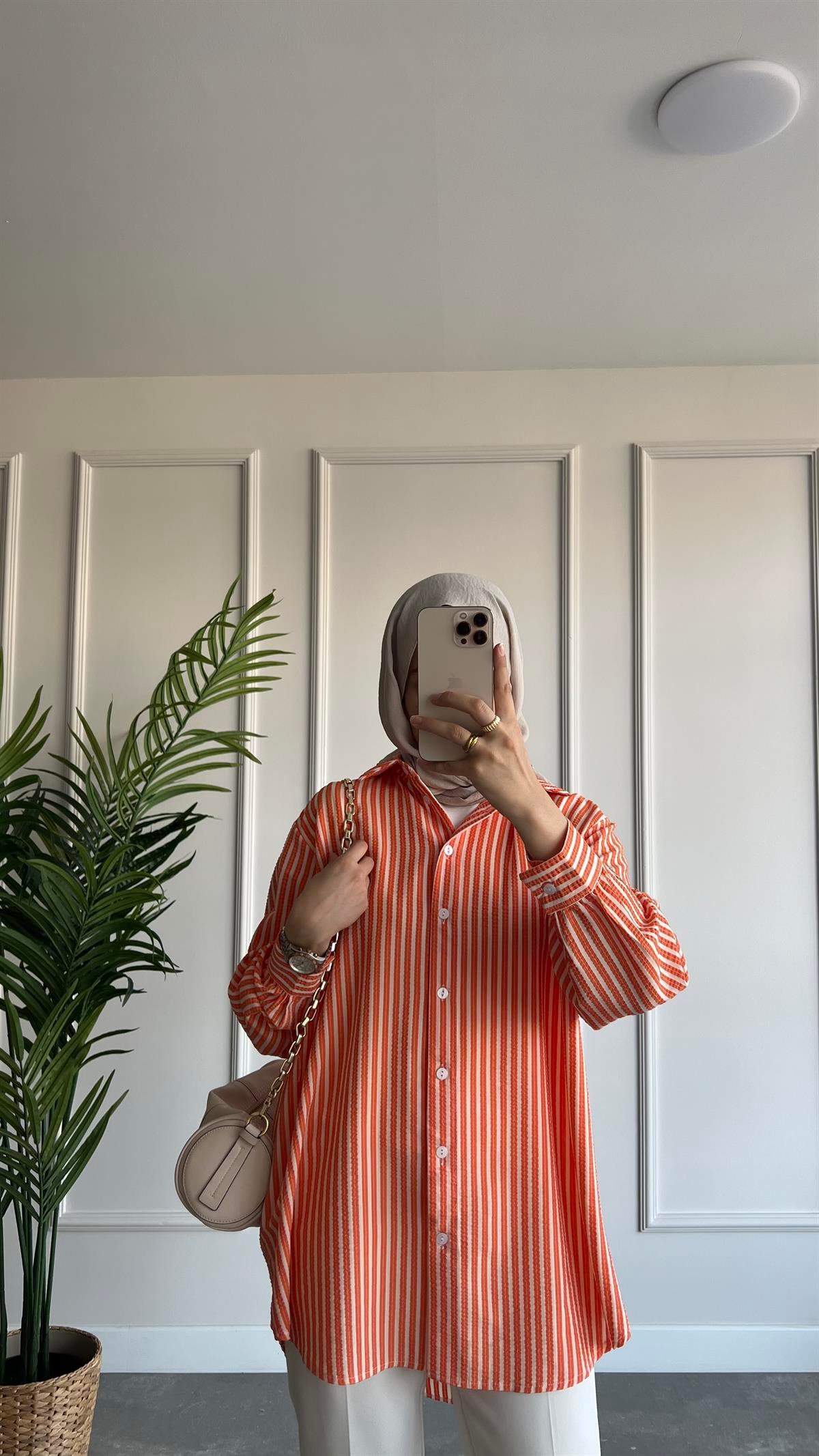 Oversize Çizgili Gofre Gömlek 