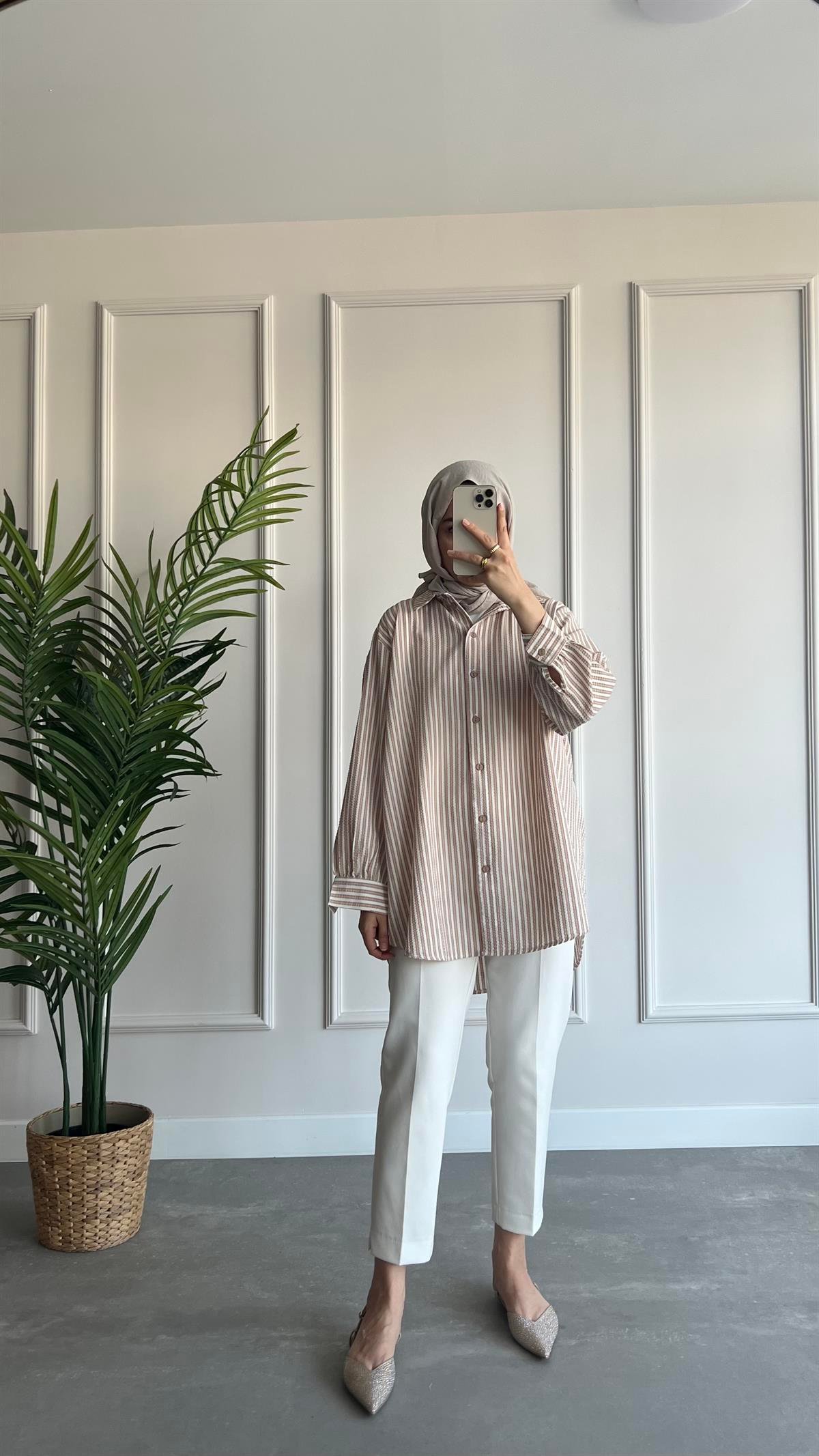 Oversize Çizgili Gofre Gömlek 