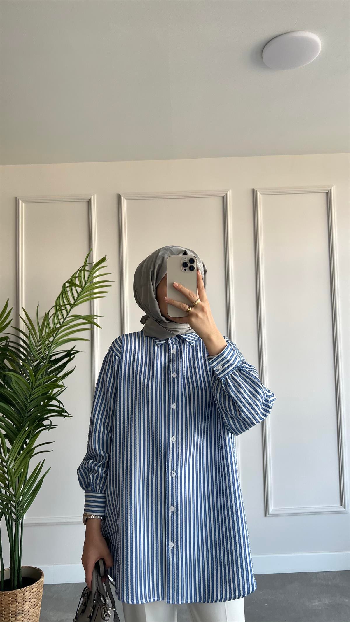 Oversize Çizgili Gofre Gömlek 