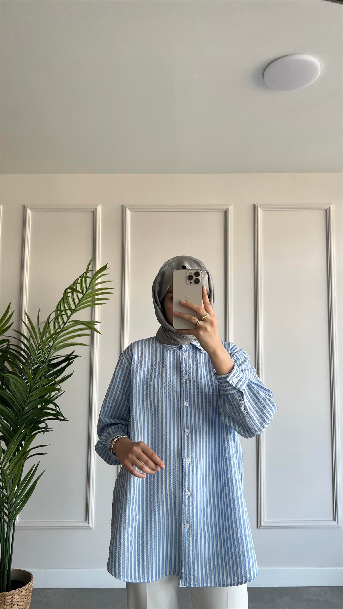 Oversize Çizgili Gofre Gömlek 