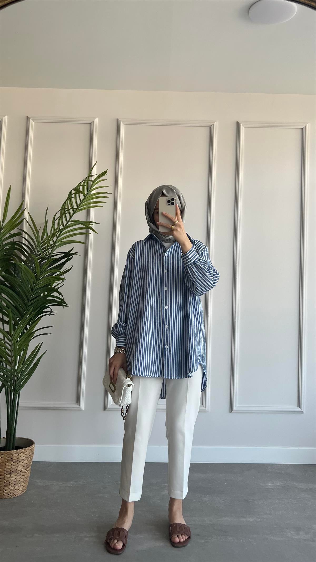 Oversize Çizgili Gofre Gömlek 