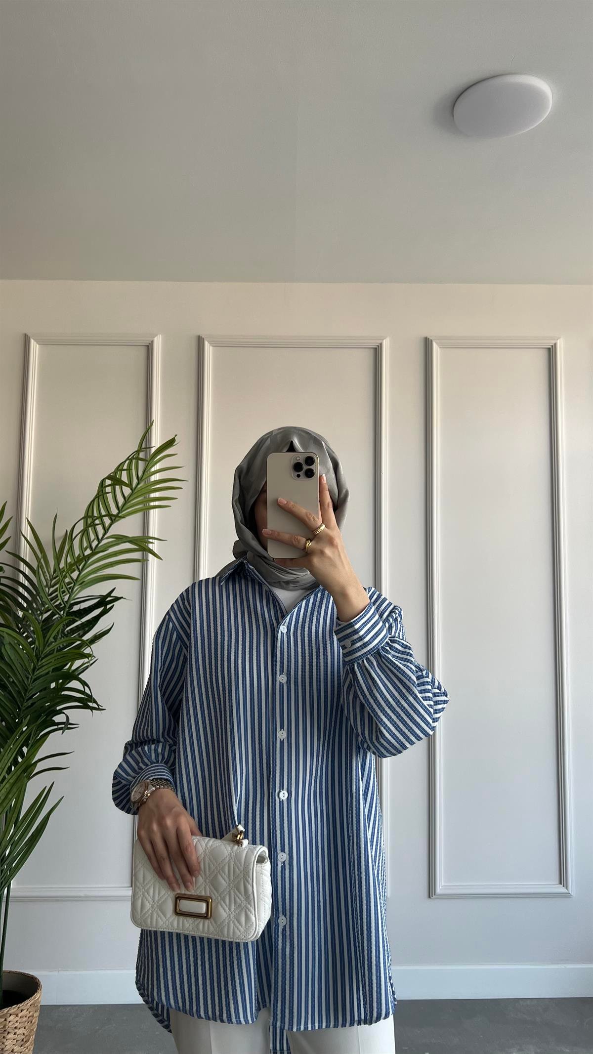 Oversize Çizgili Gofre Gömlek 
