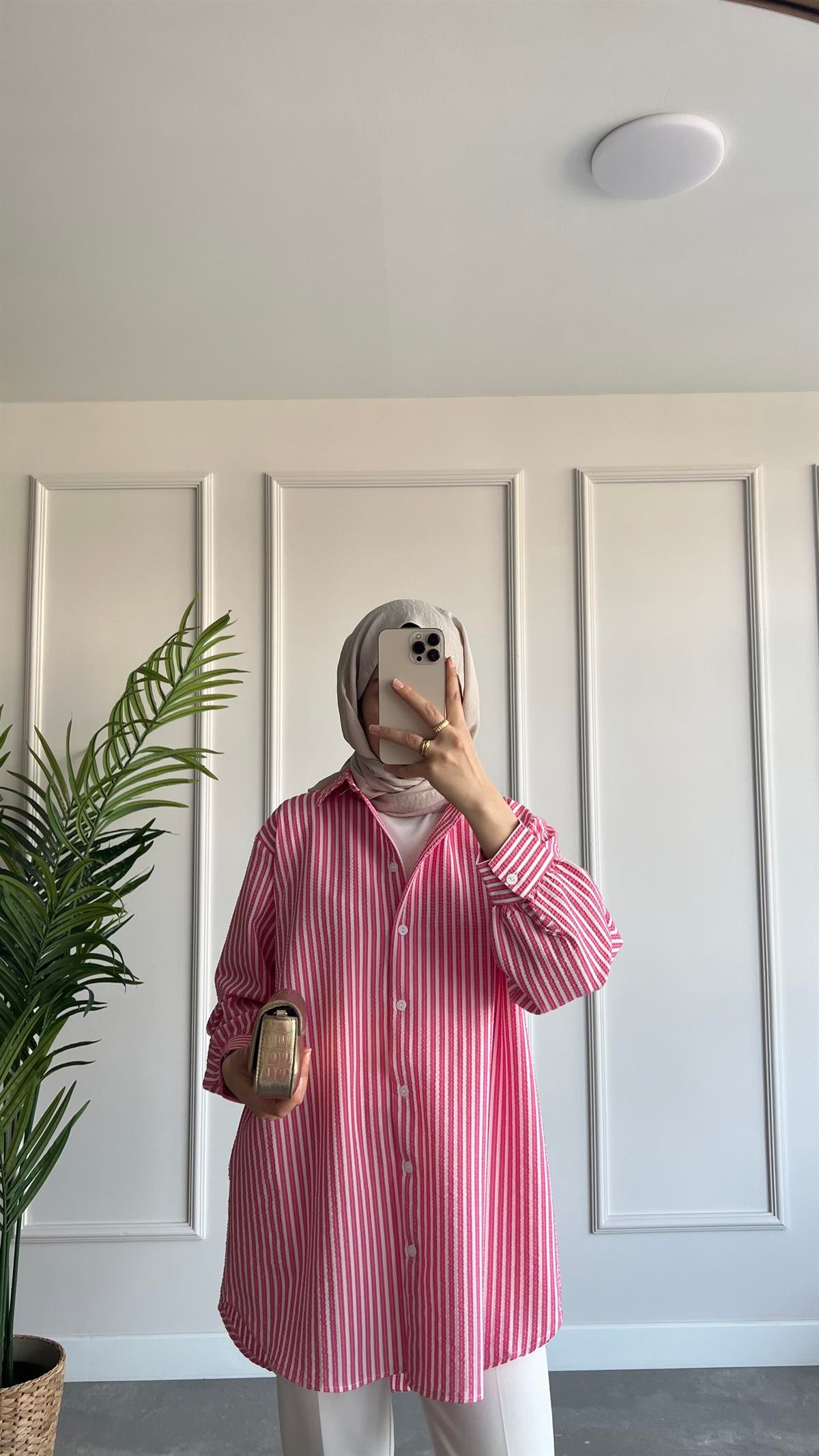 Oversize Çizgili Gofre Gömlek 
