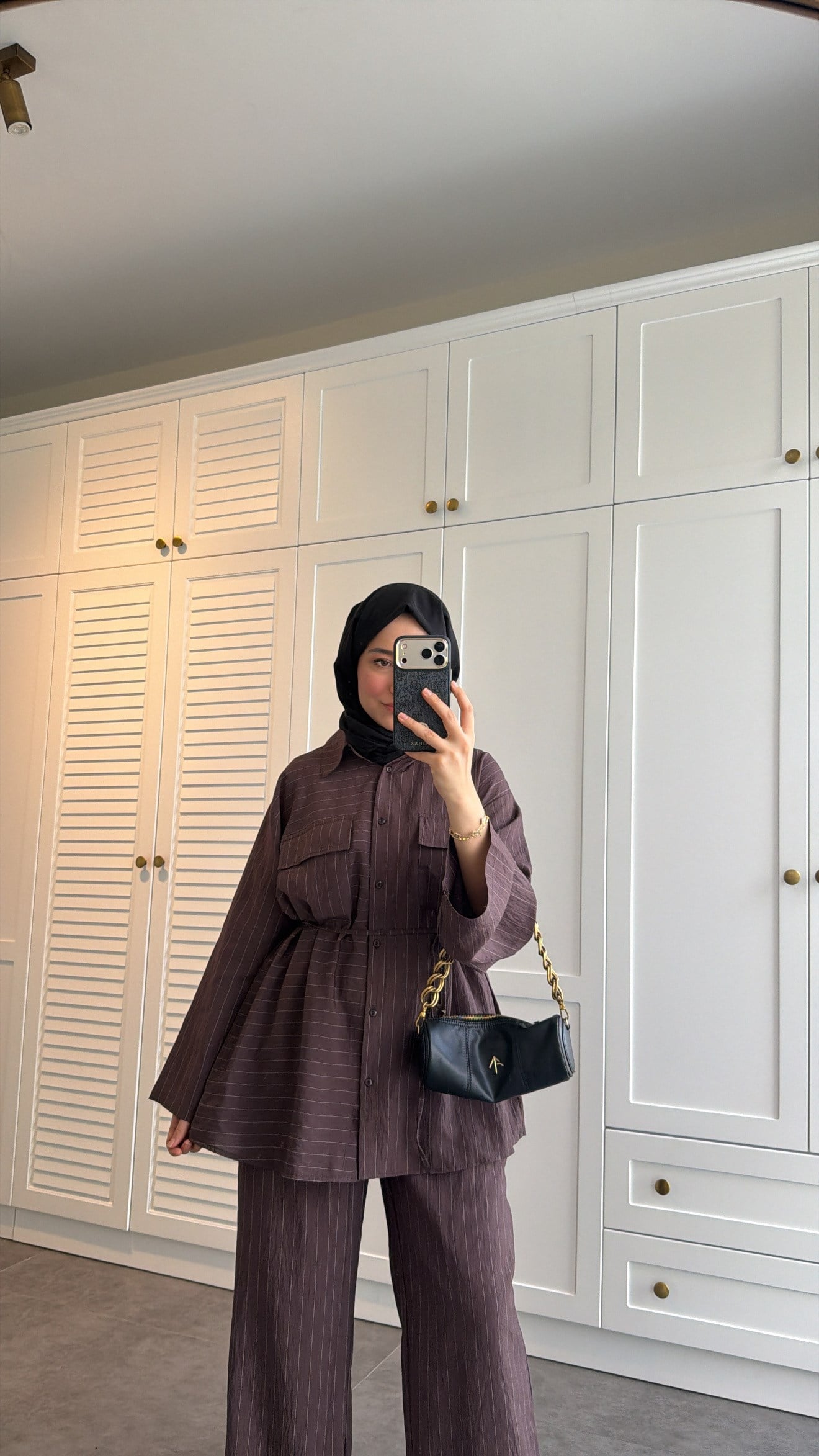 Oversize Çizgili  Takım Kahve