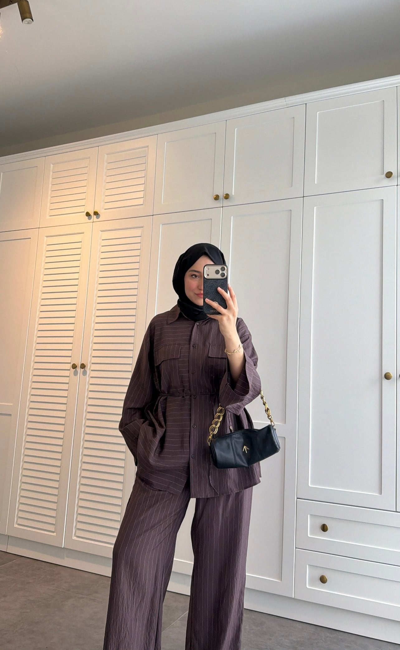 Oversize Çizgili  Takım Kahve
