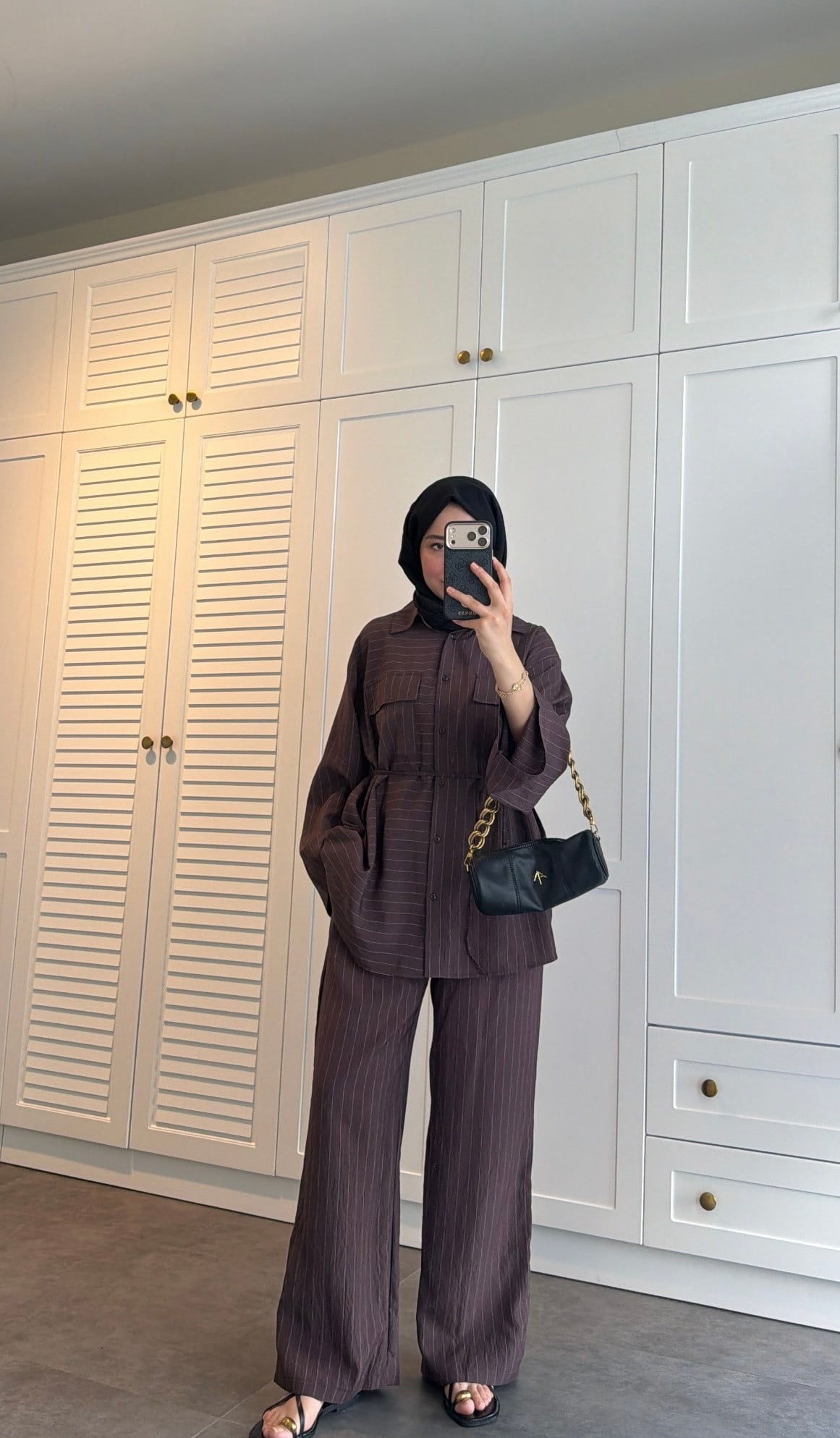 Oversize Çizgili  Takım Kahve