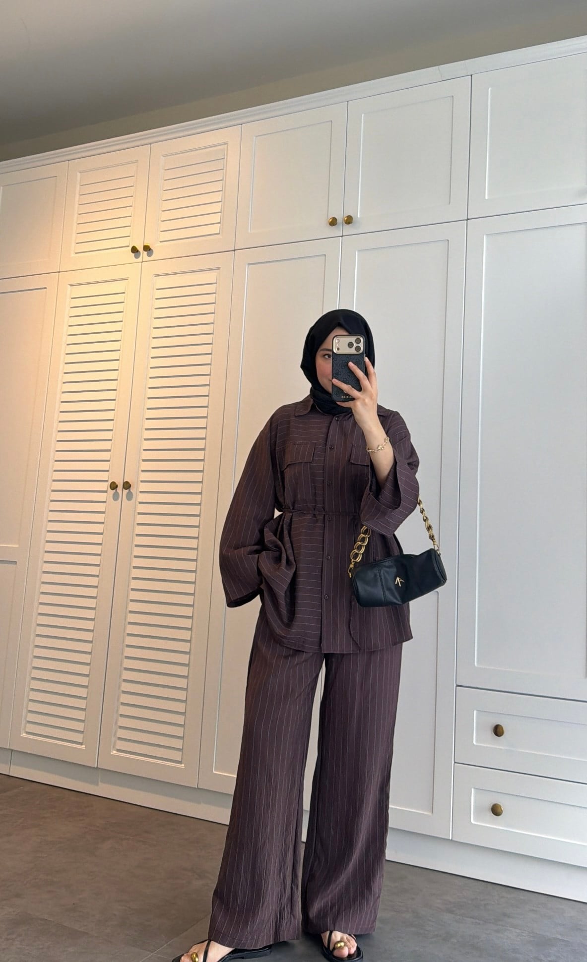 Oversize Çizgili  Takım Kahve