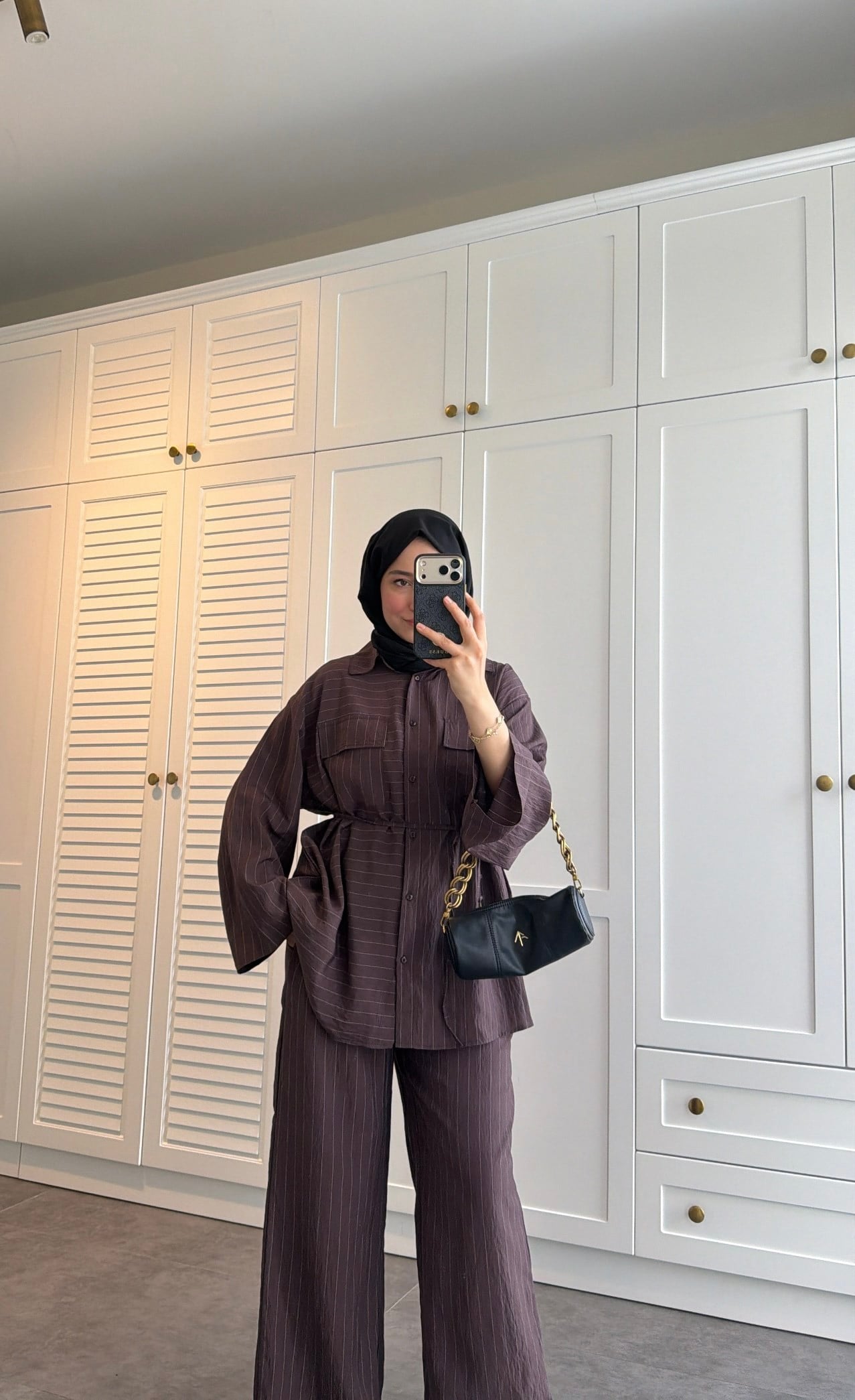 Oversize Çizgili  Takım Kahve