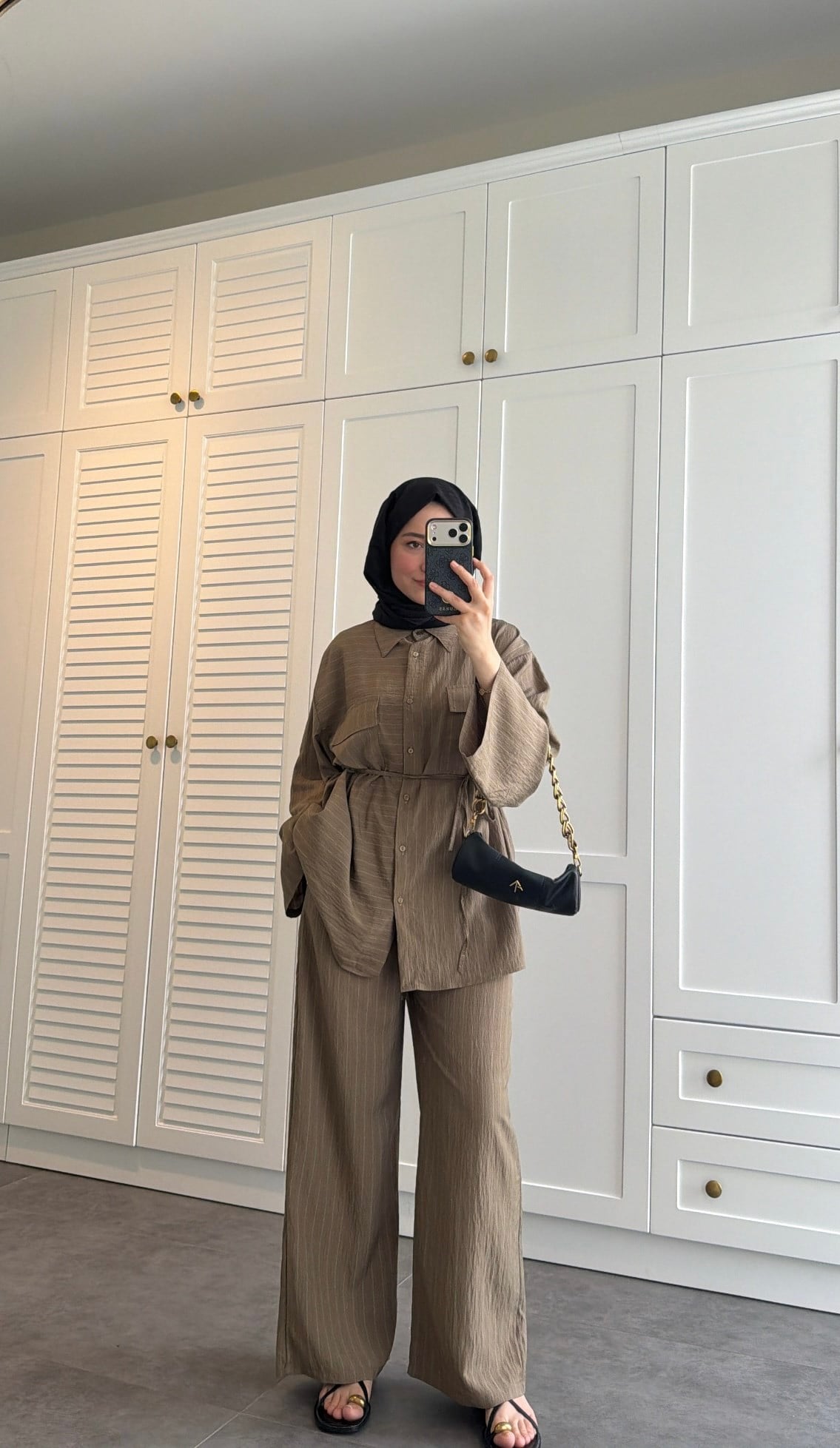 Oversize Çizgili  Takım Olive