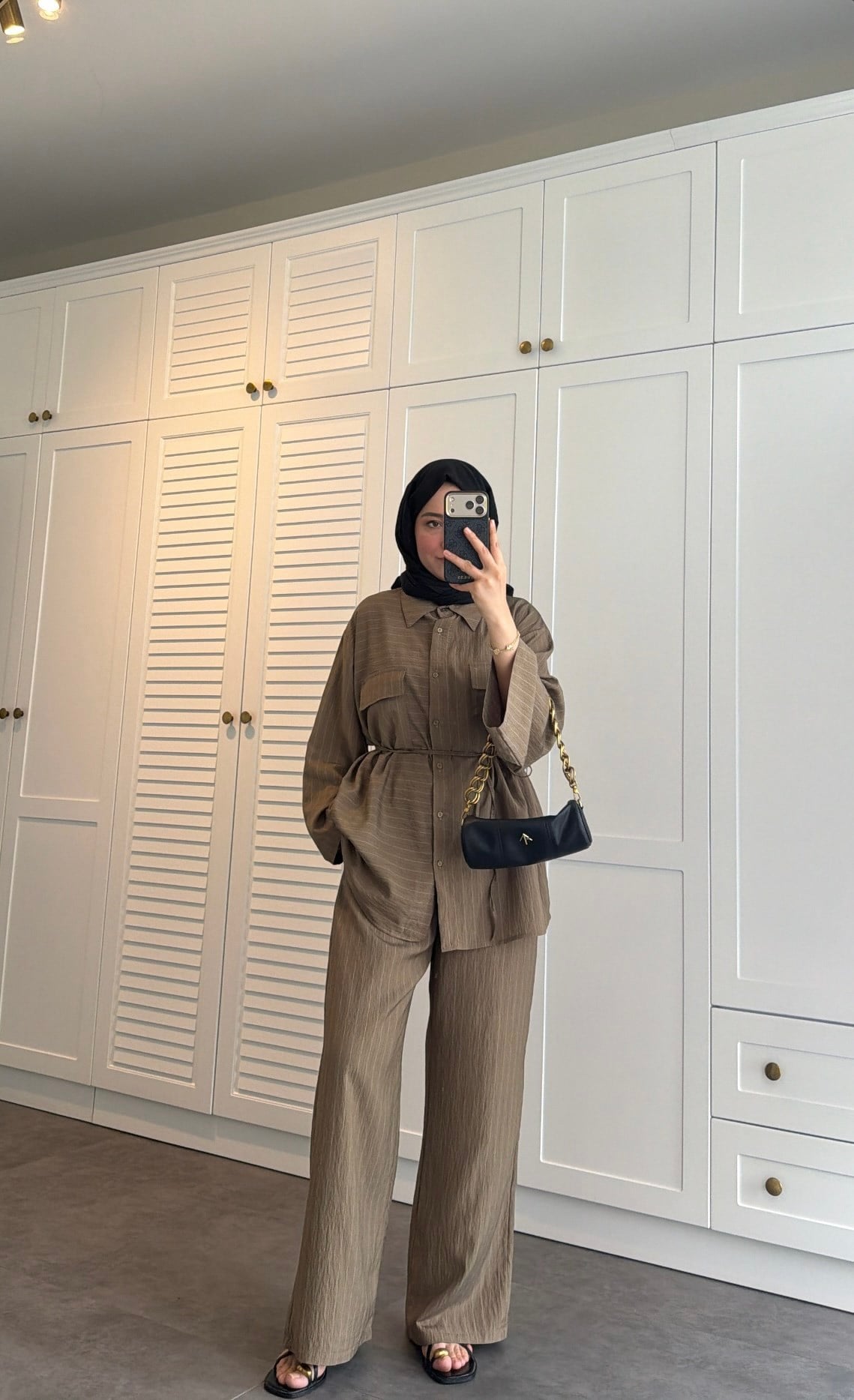 Oversize Çizgili  Takım Olive