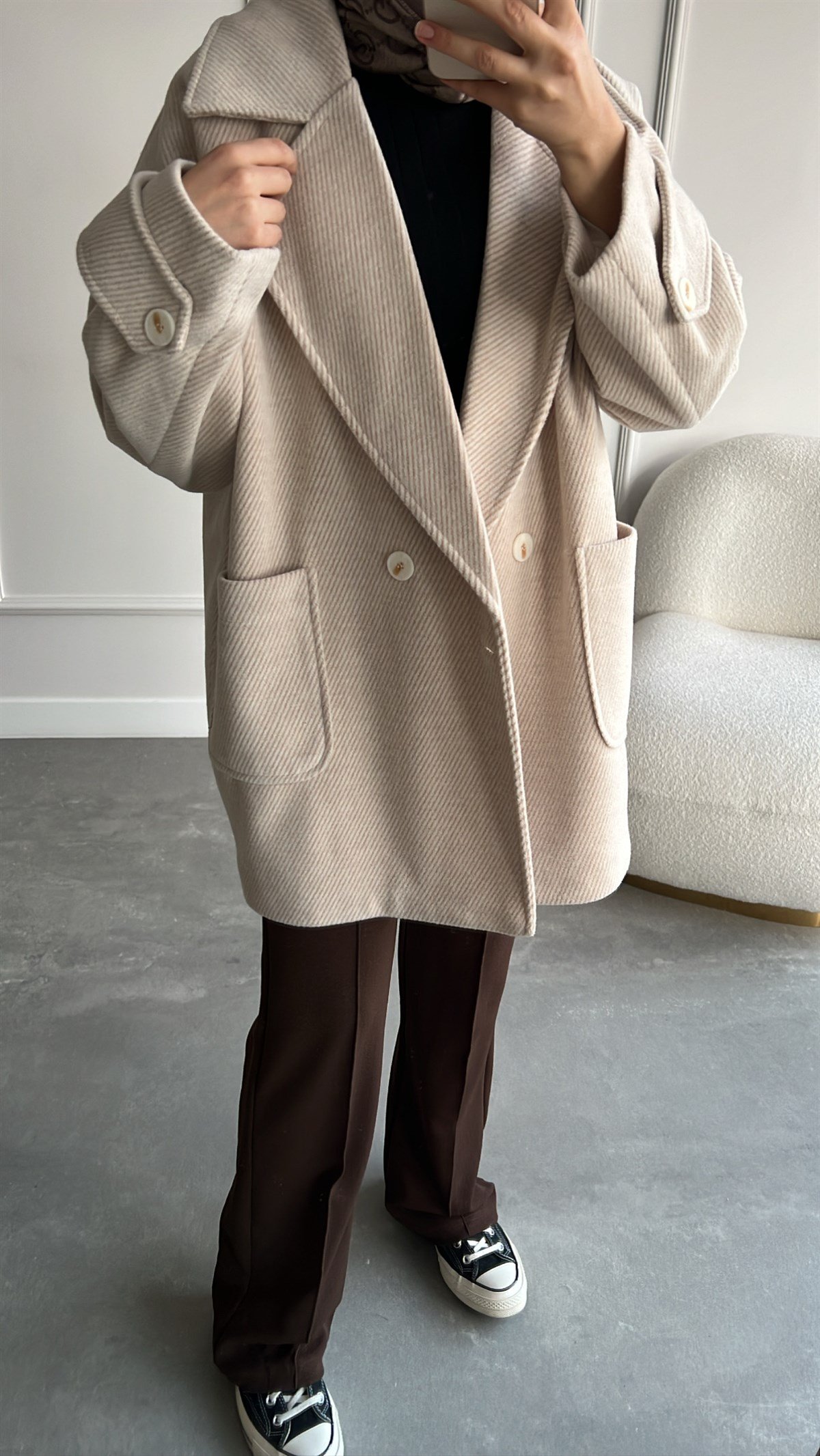Oversize Çizgili Taş Kaban