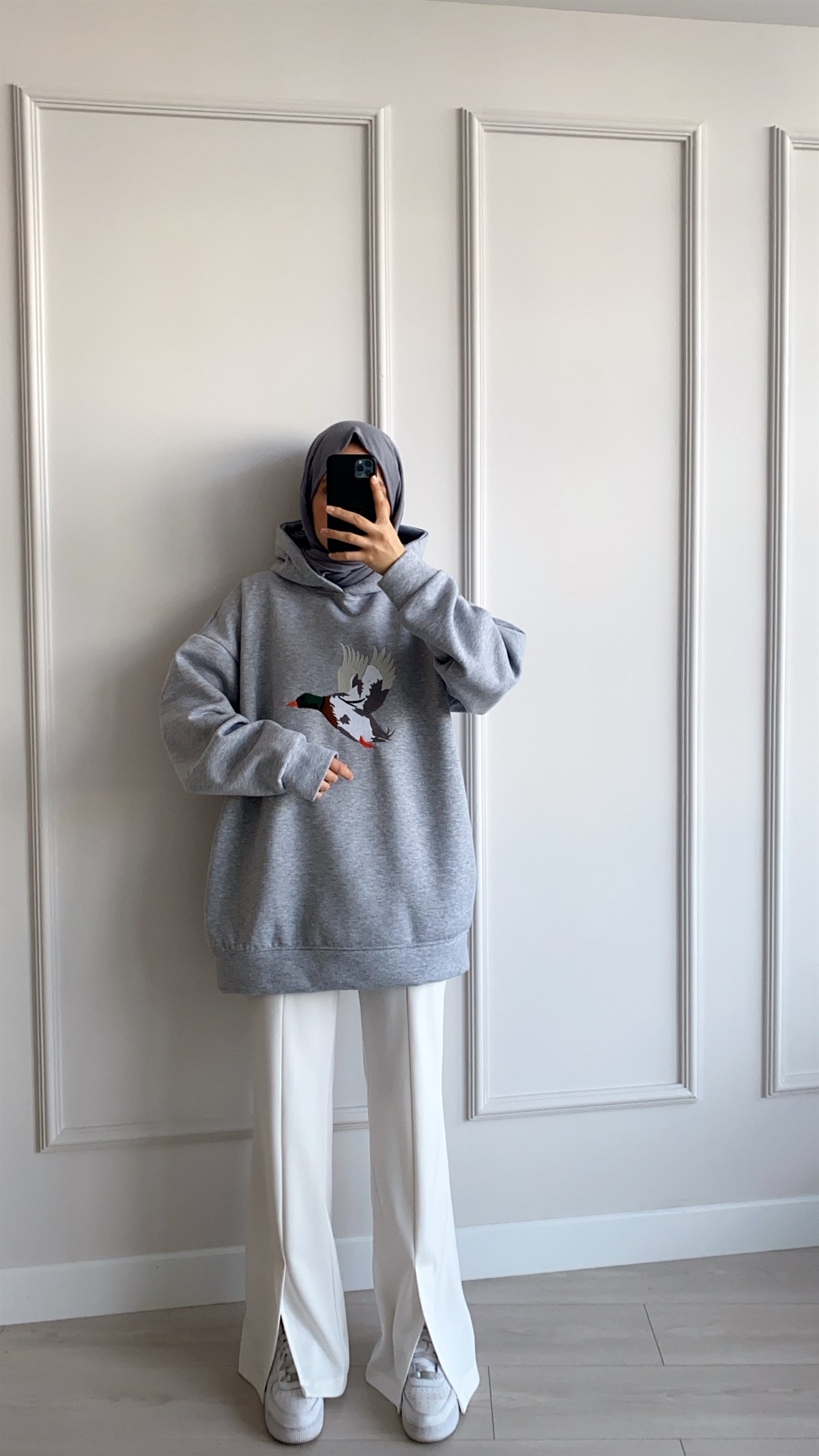 Oversize Gri Şardonlu Sweatshirt 