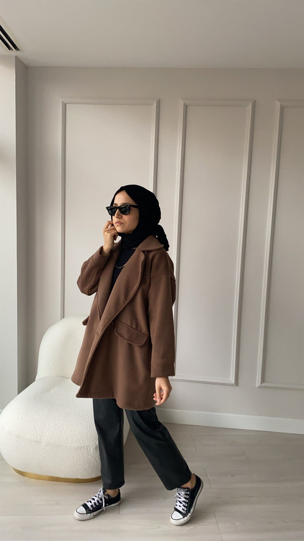 Oversize Kahve Tek Düğmeli Kaban