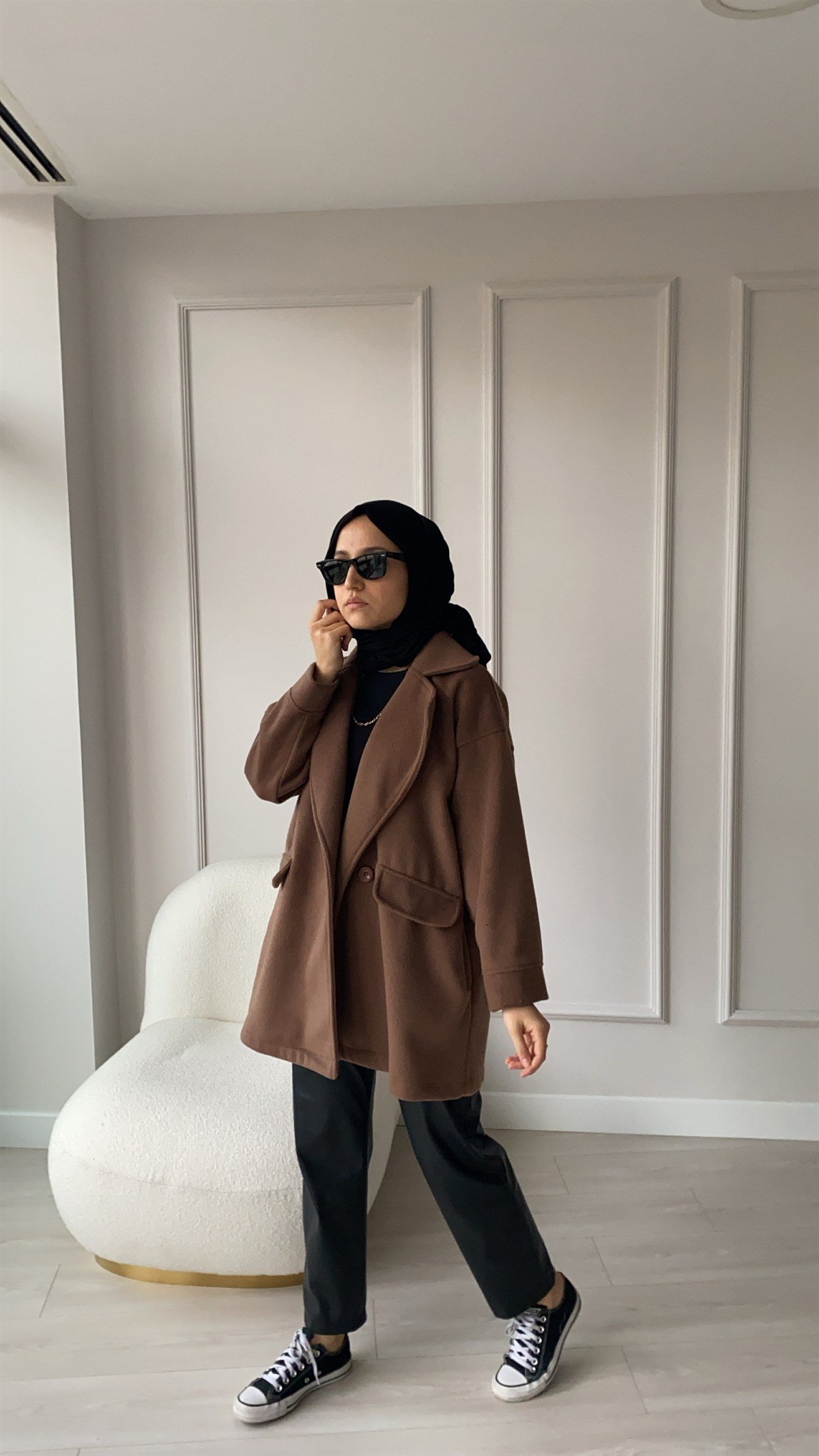 Oversize Kahve Tek Düğmeli Kaban