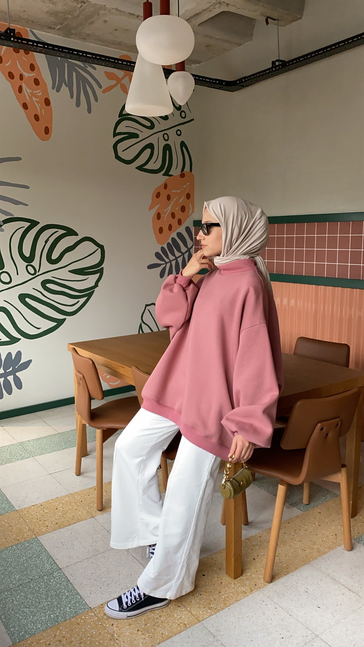 Oversize Melanjlı Gül Kurusu Sweatshirt
