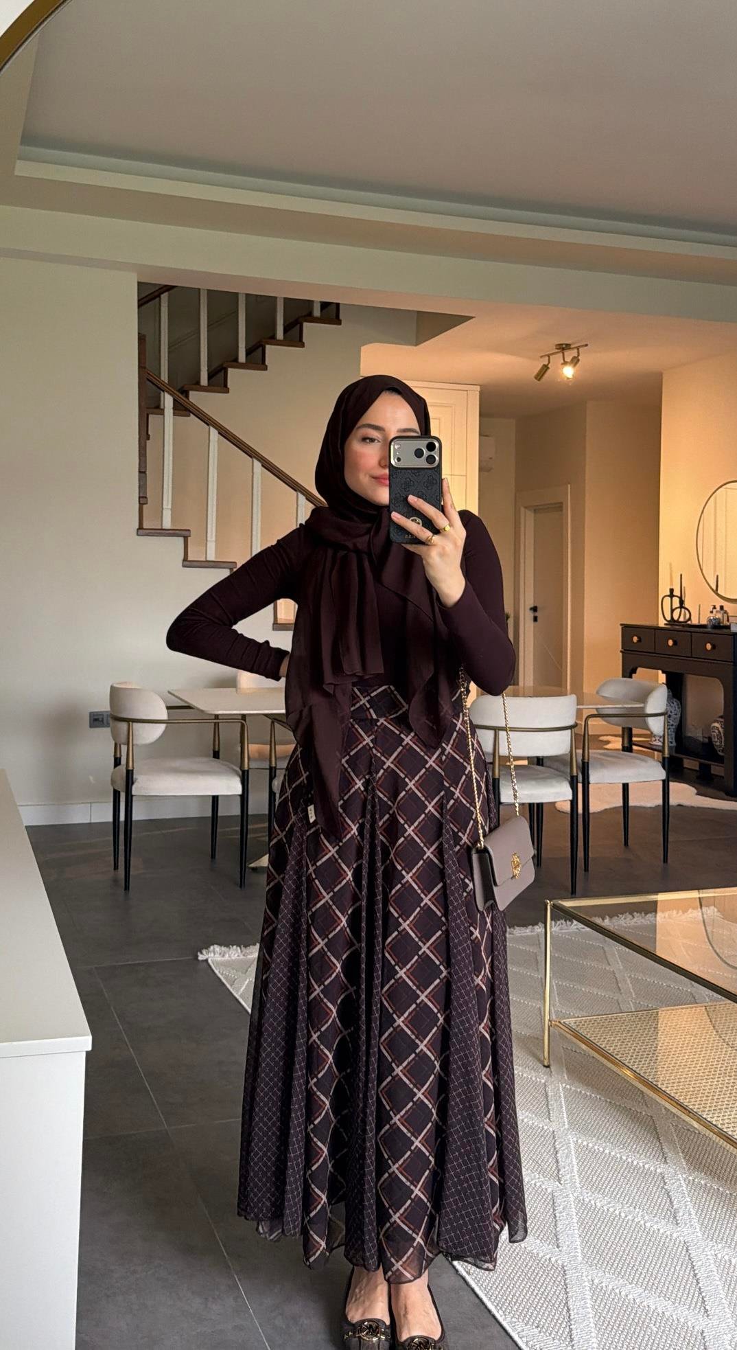 Parçalı Ekose Desen Etek Kahve 