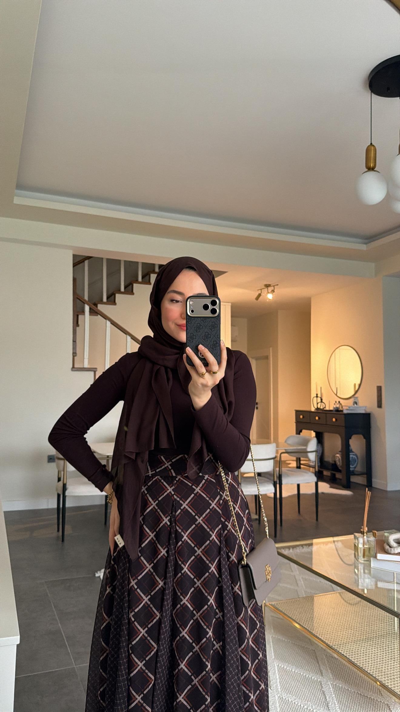 Parçalı Ekose Desen Etek Kahve 