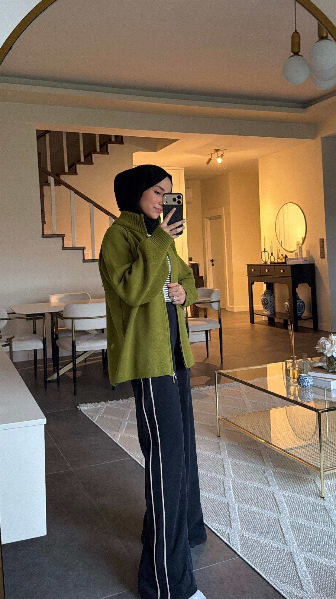 Premium Çift Fermuarlı Triko Hırka Olive