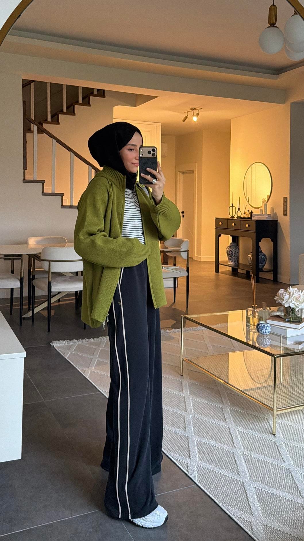 Premium Çift Fermuarlı Triko Hırka Olive