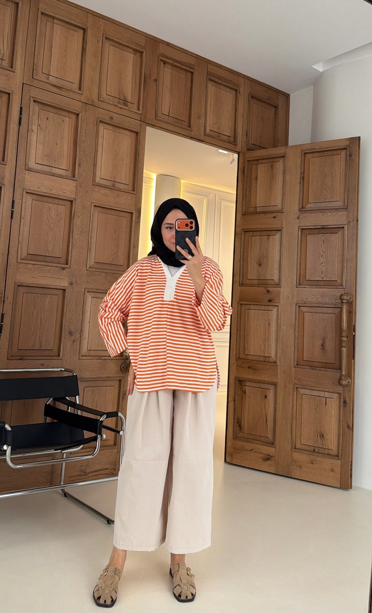 Premium Çizgili Basic Sweat Turuncu
