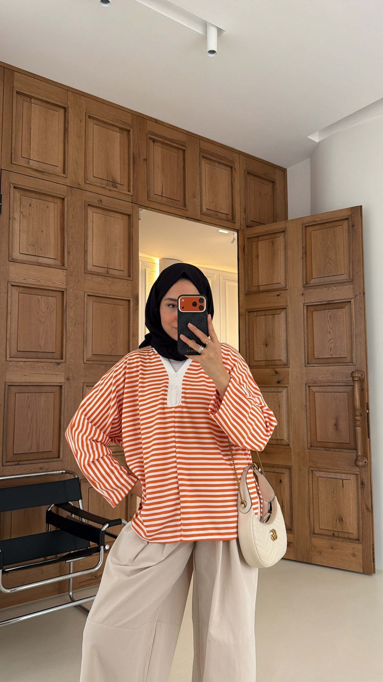 Premium Çizgili Basic Sweat Turuncu