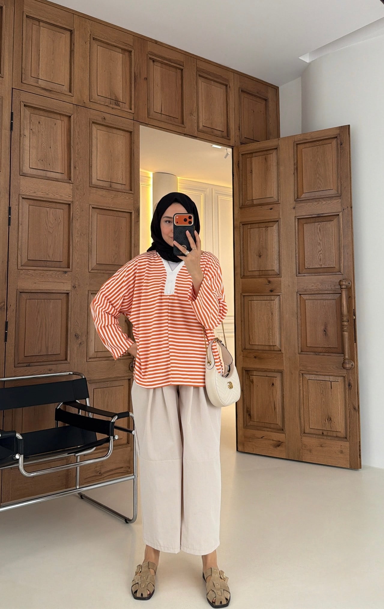 Premium Çizgili Basic Sweat Turuncu