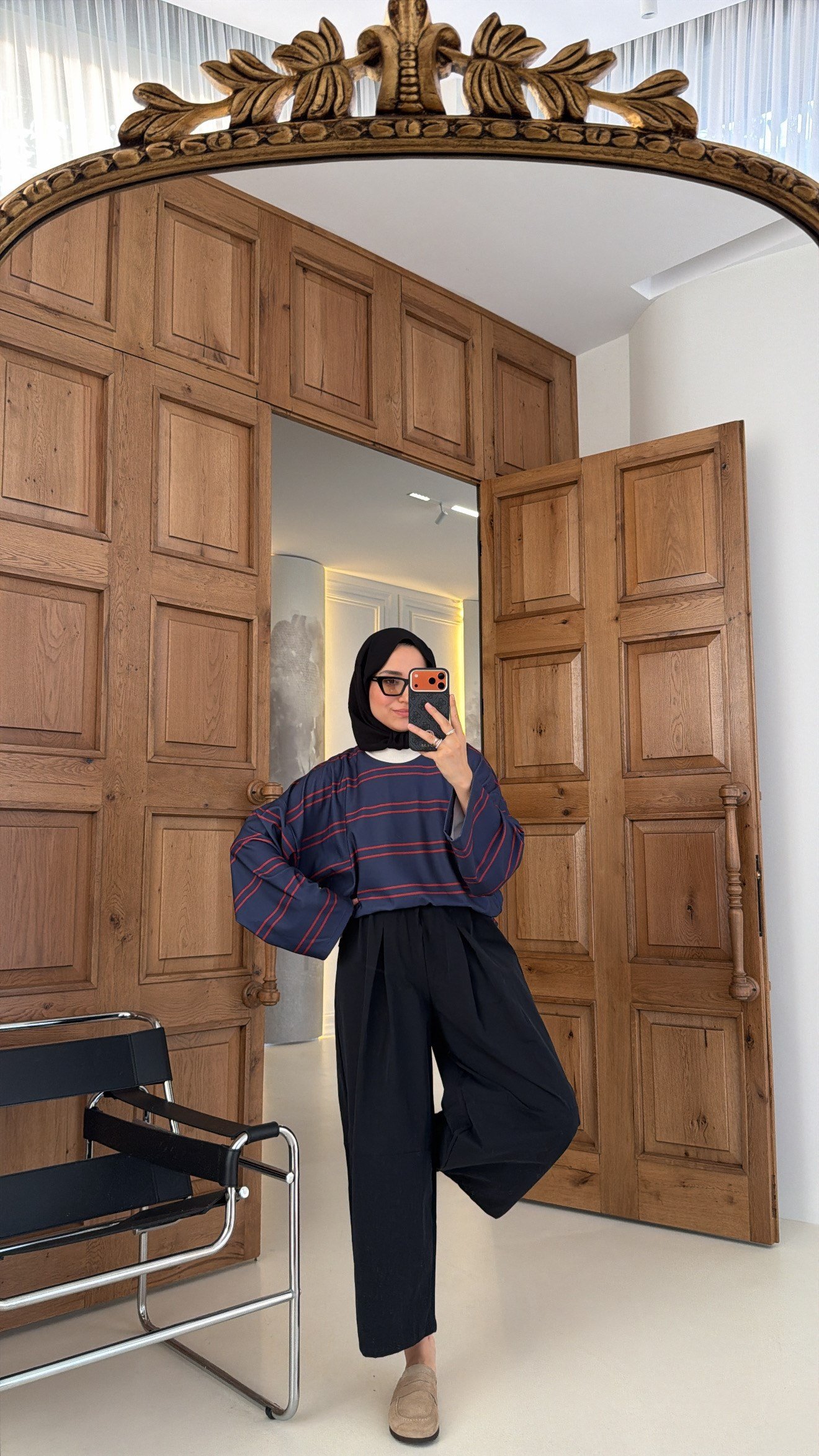 Premium Çizgili Oversıze Sweat Lacivert
