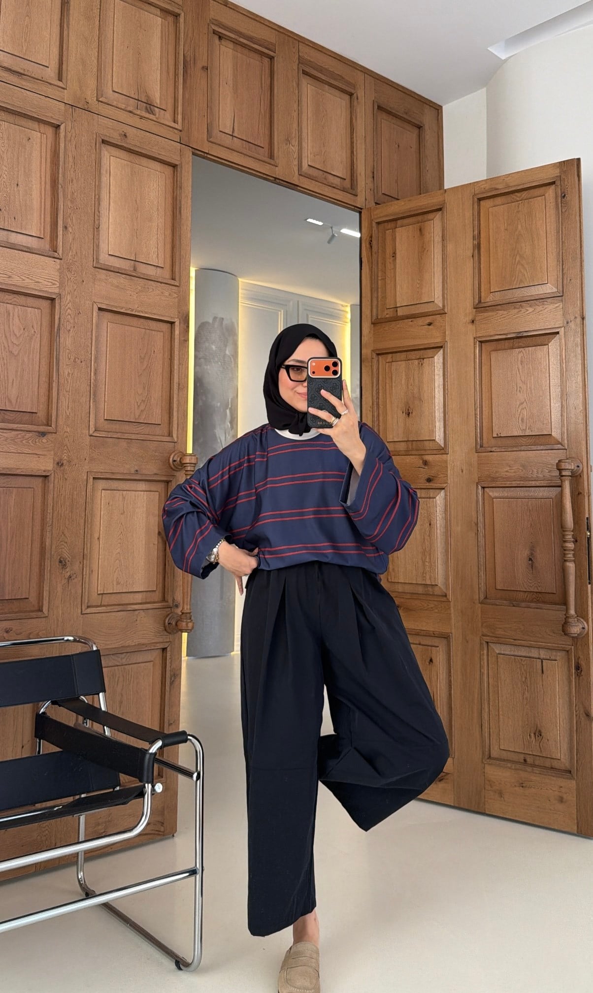 Premium Çizgili Oversıze Sweat Lacivert