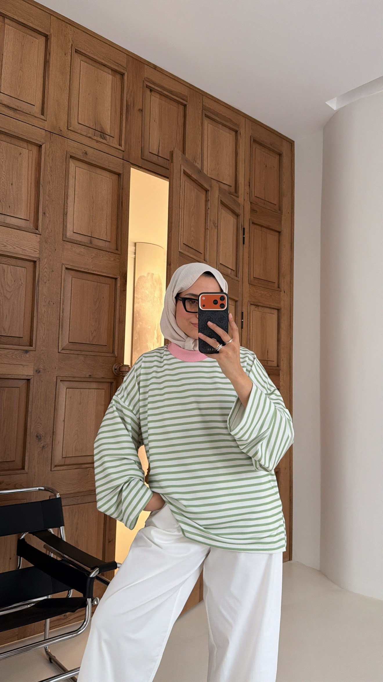 Premium Çizgili Oversıze Sweat Yeşil