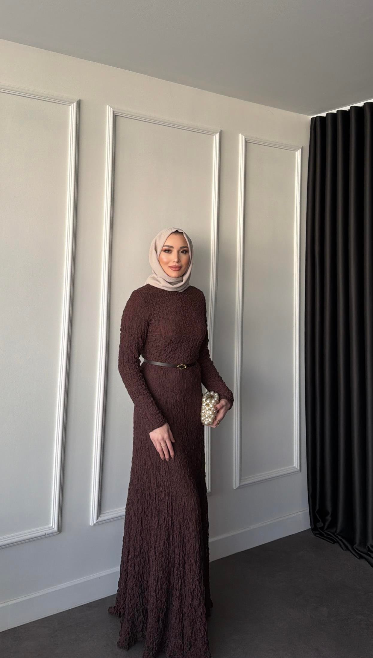 Premium Dantel Elbise Kahve