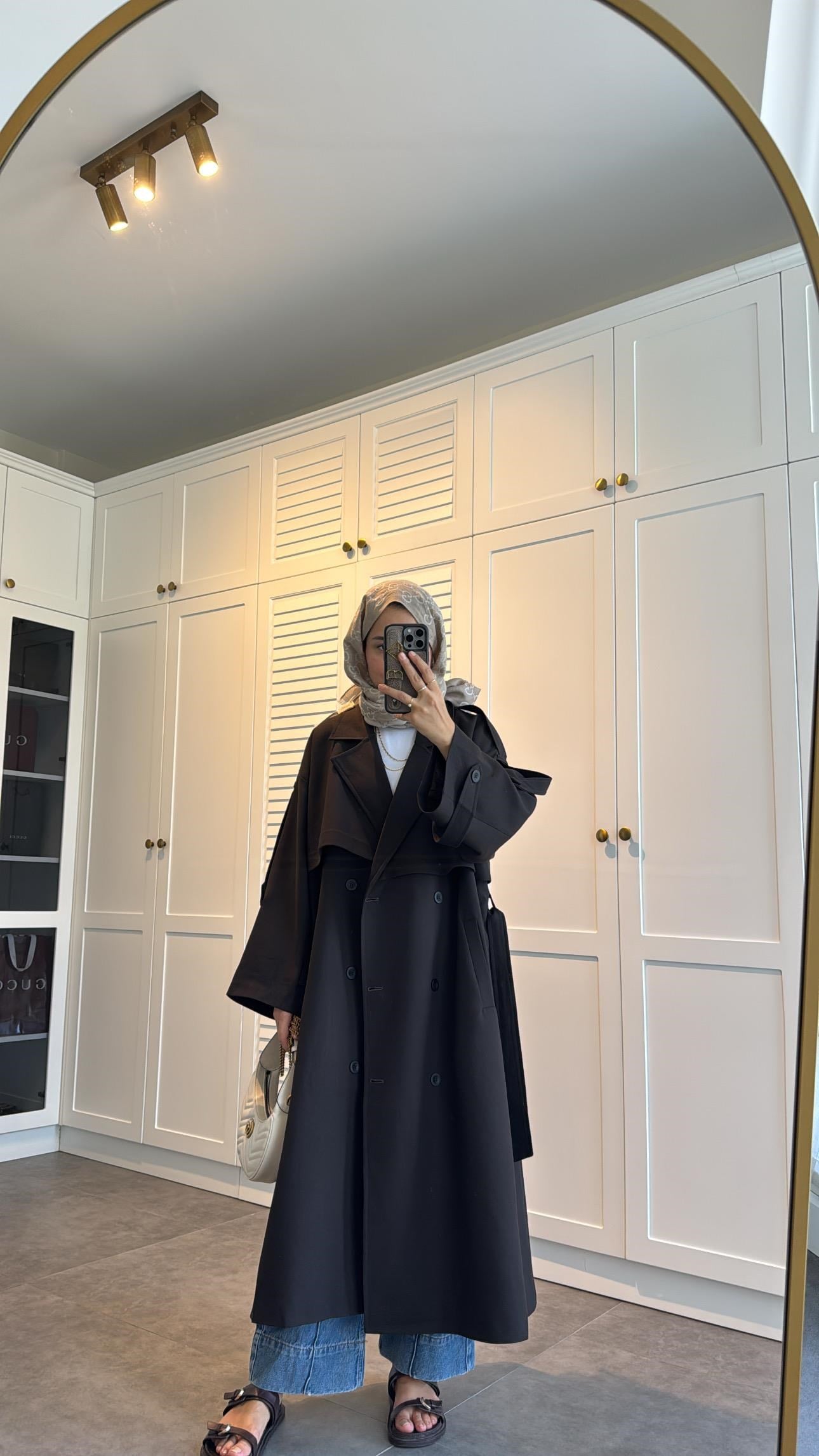 Premium poleviskon Uzun Oversize Trençkot Acı Kahve