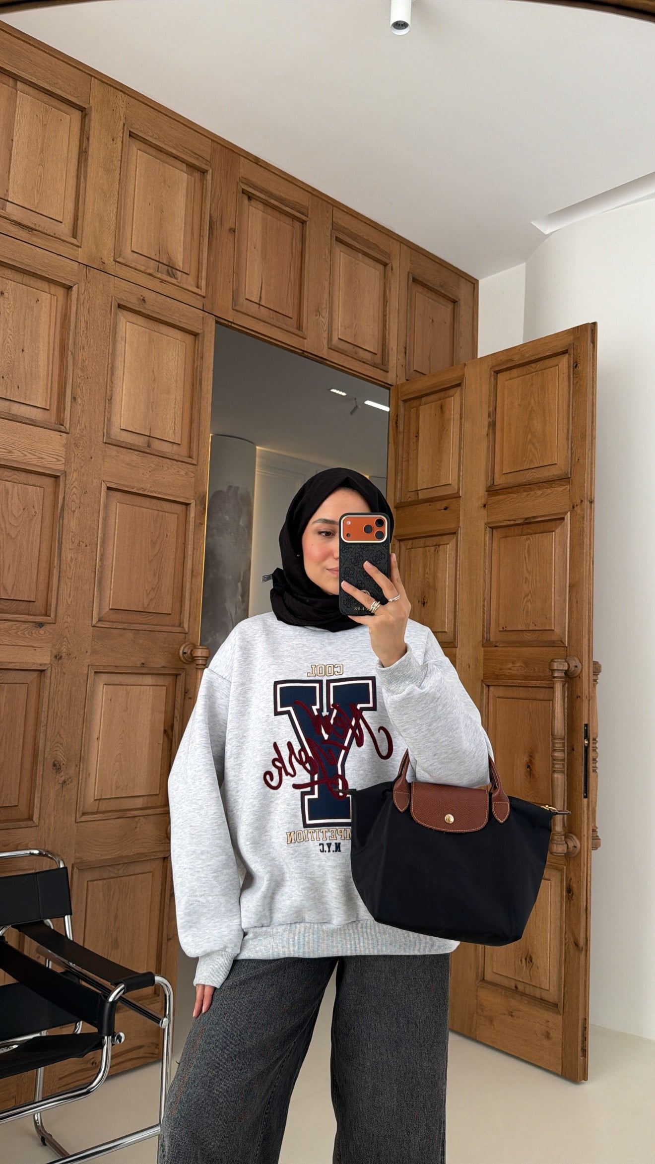 Şardonlu Oversize Sweat Gri