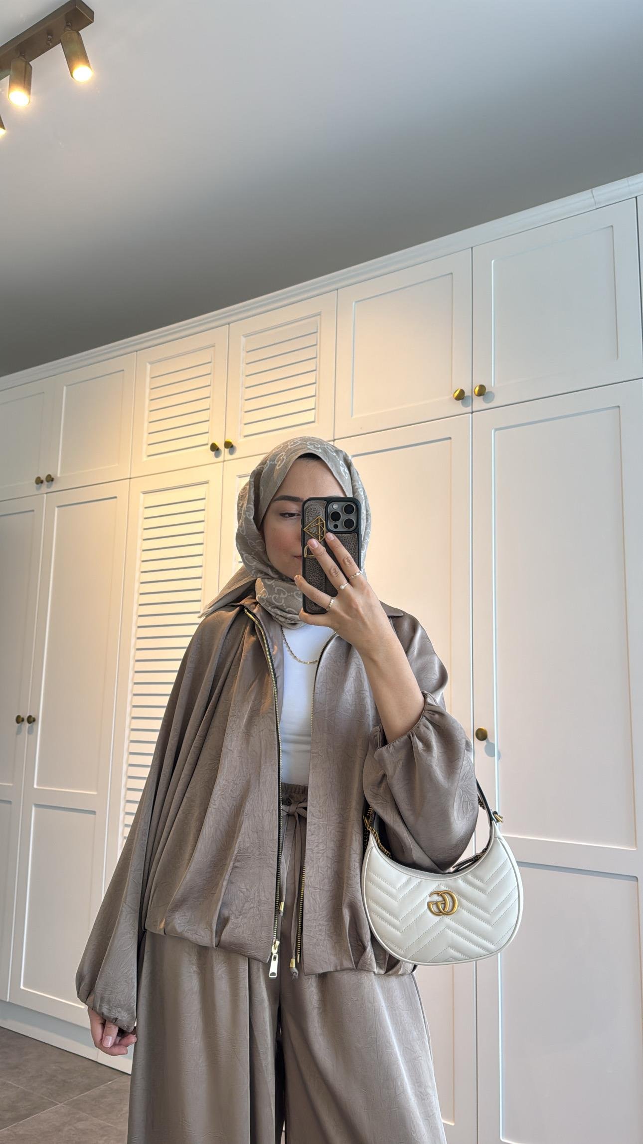 Saten Bomber Ceket Pantolon Takım Vizon