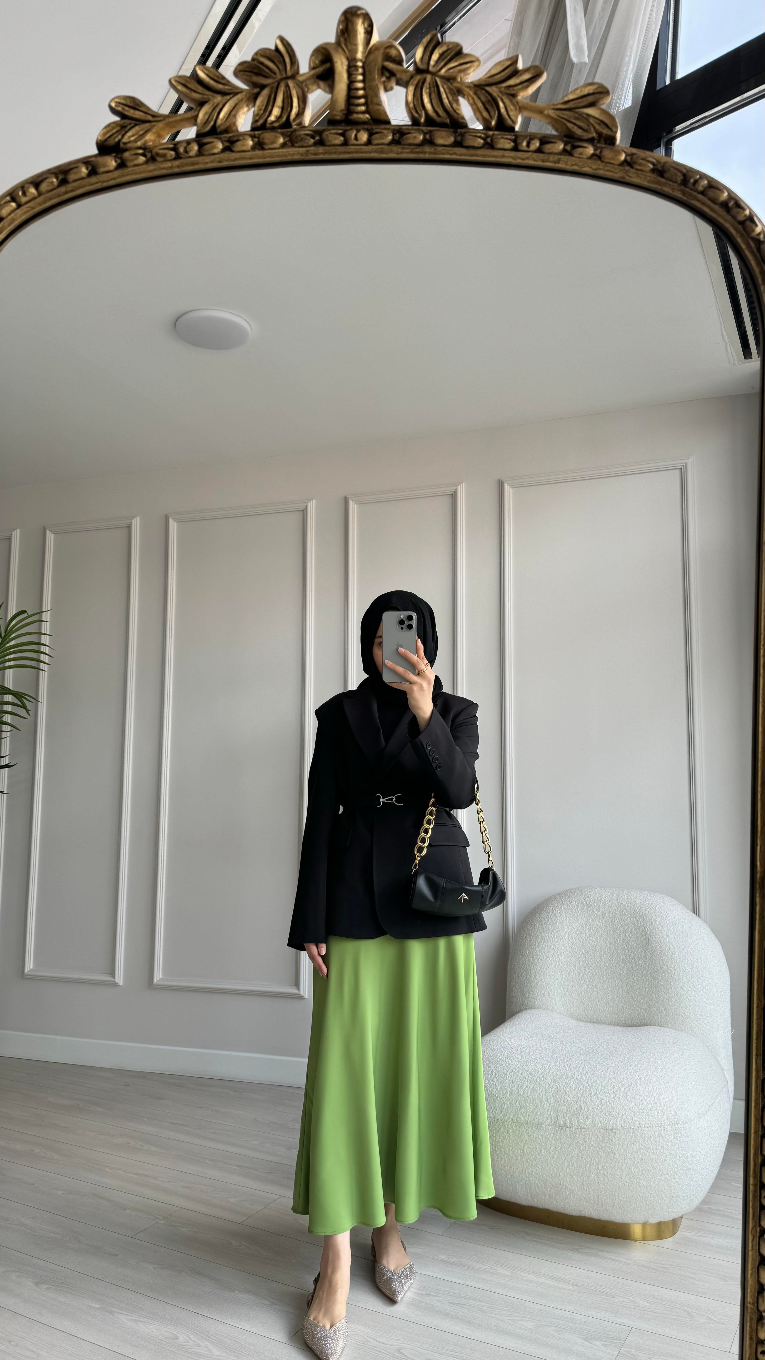 Saten Tok Kumaş Kloş Etek Olive