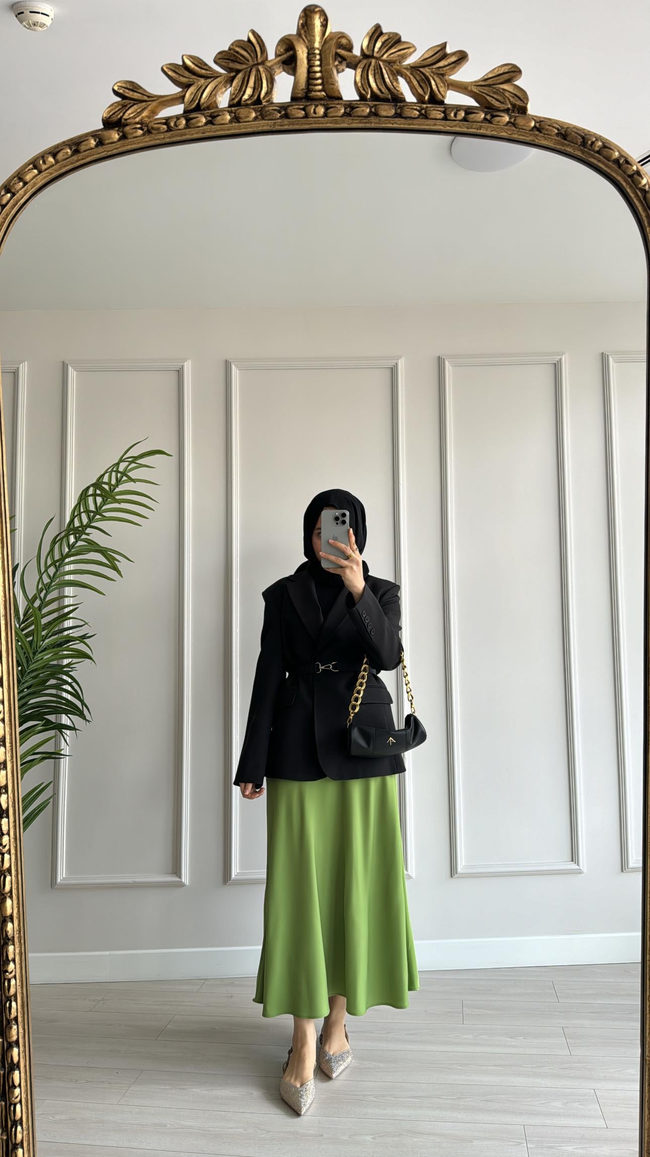 Saten Tok Kumaş Kloş Etek Olive