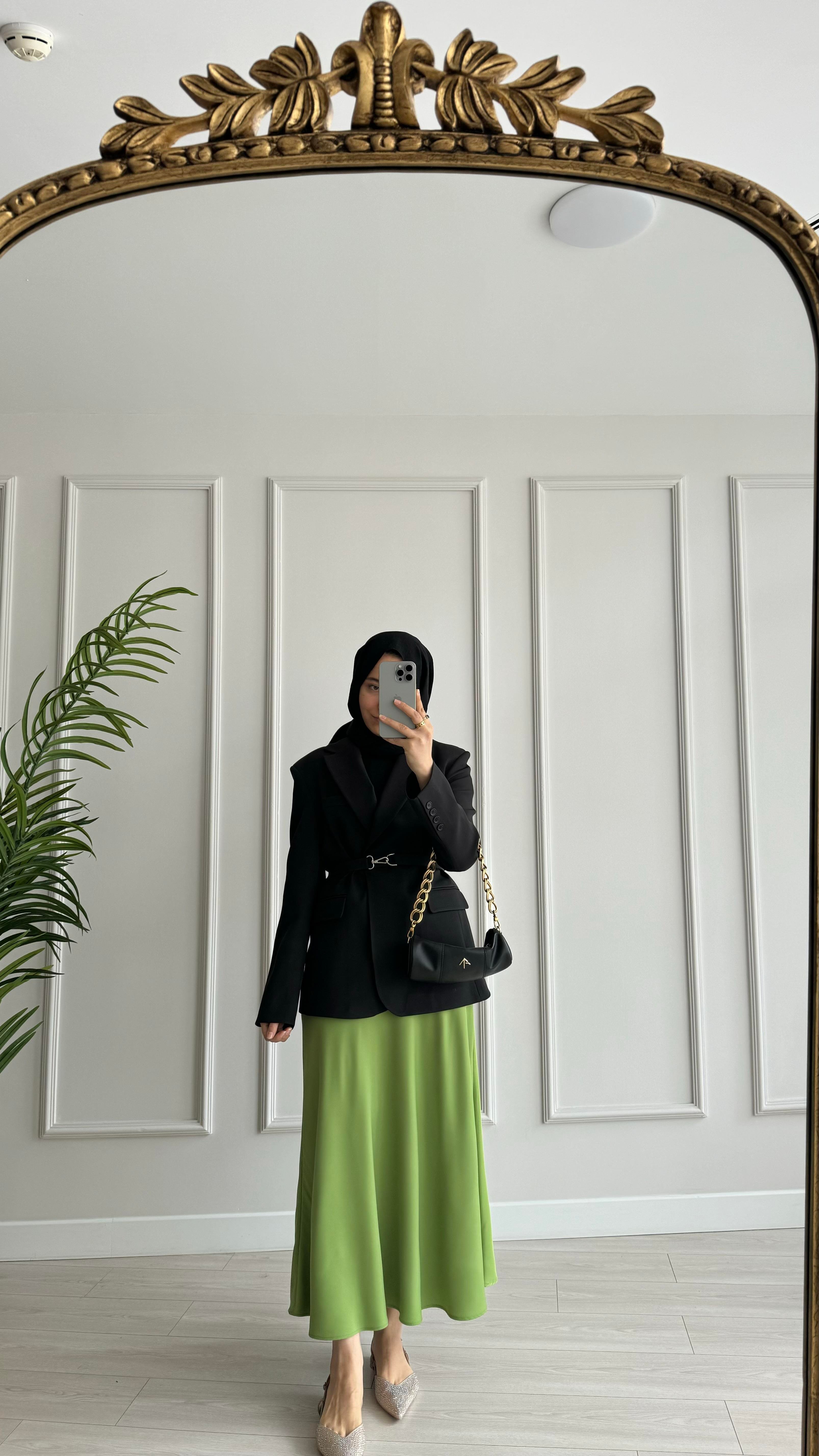 Saten Tok Kumaş Kloş Etek Olive