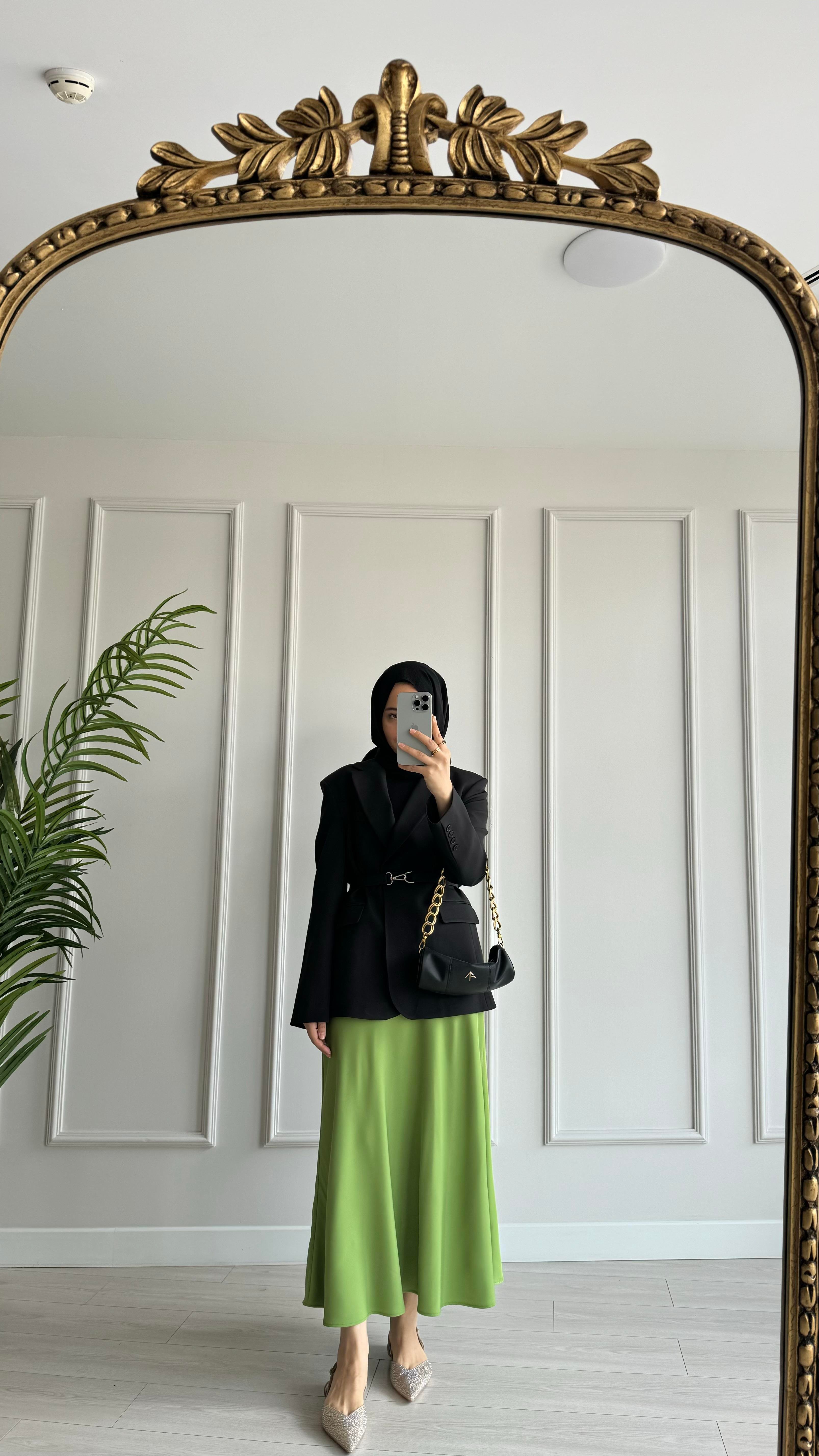 Saten Tok Kumaş Kloş Etek Olive