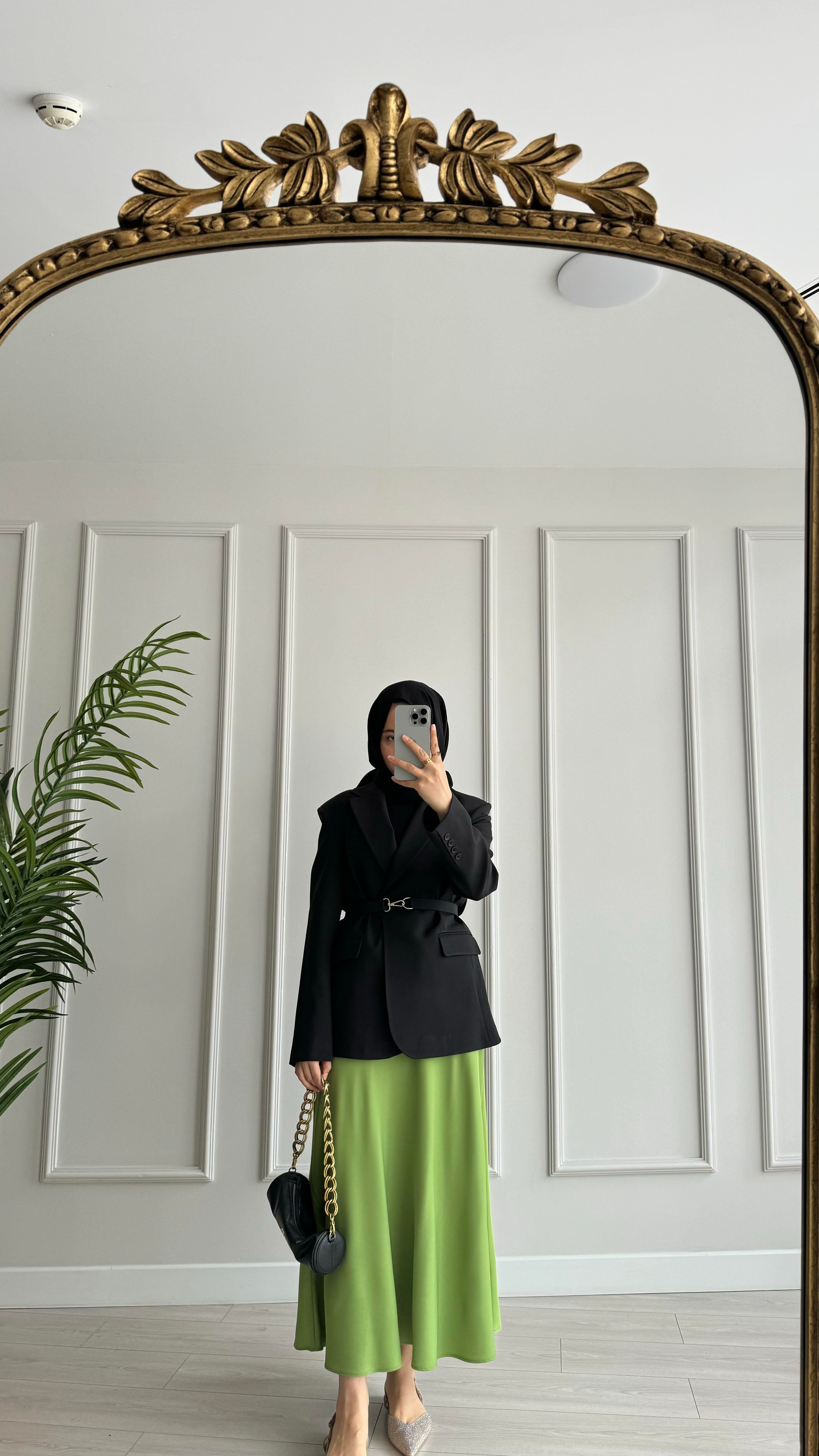 Saten Tok Kumaş Kloş Etek Olive
