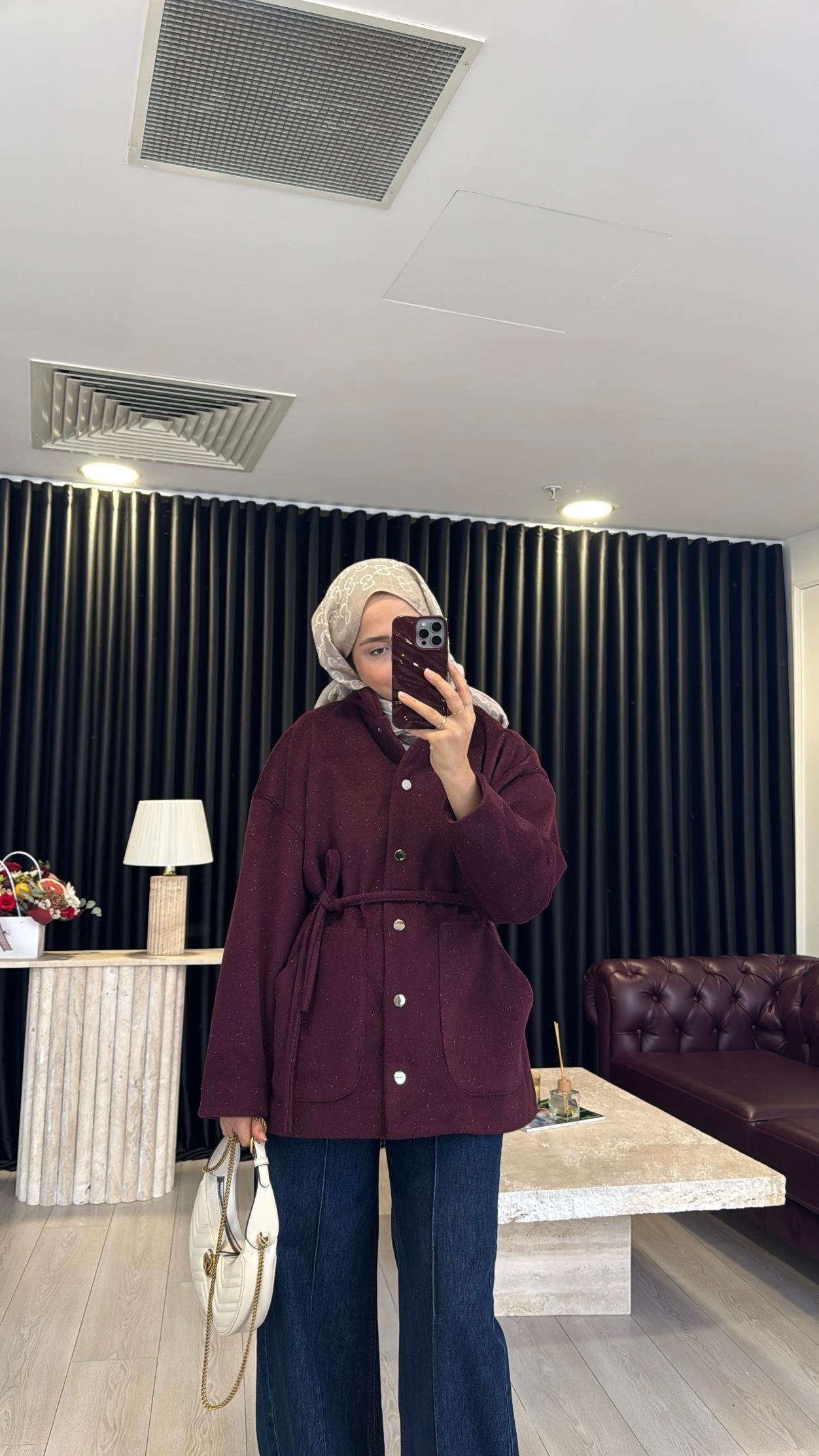 Simli Kaşe Kaban Bordo