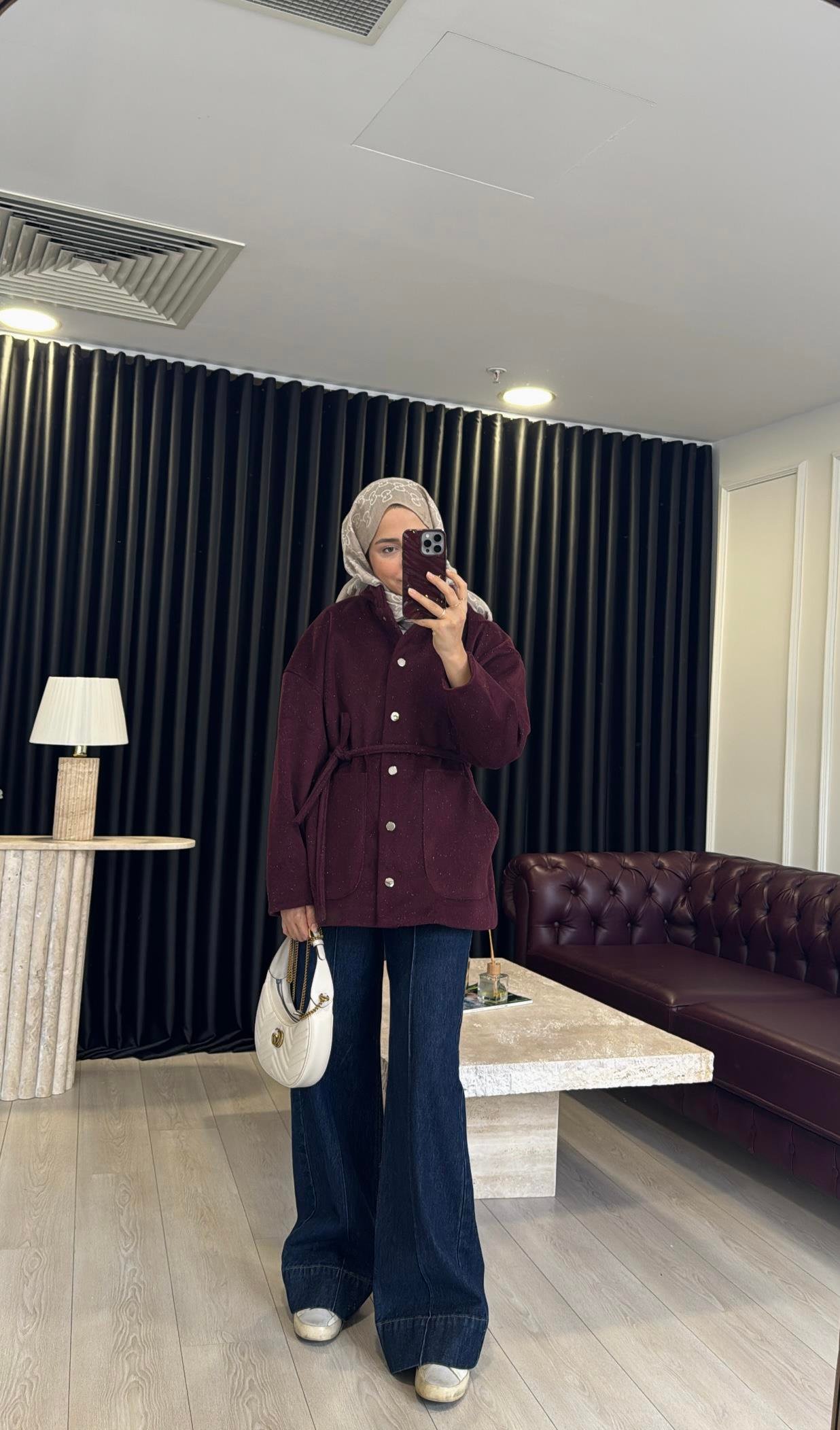 Simli Kaşe Kaban Bordo